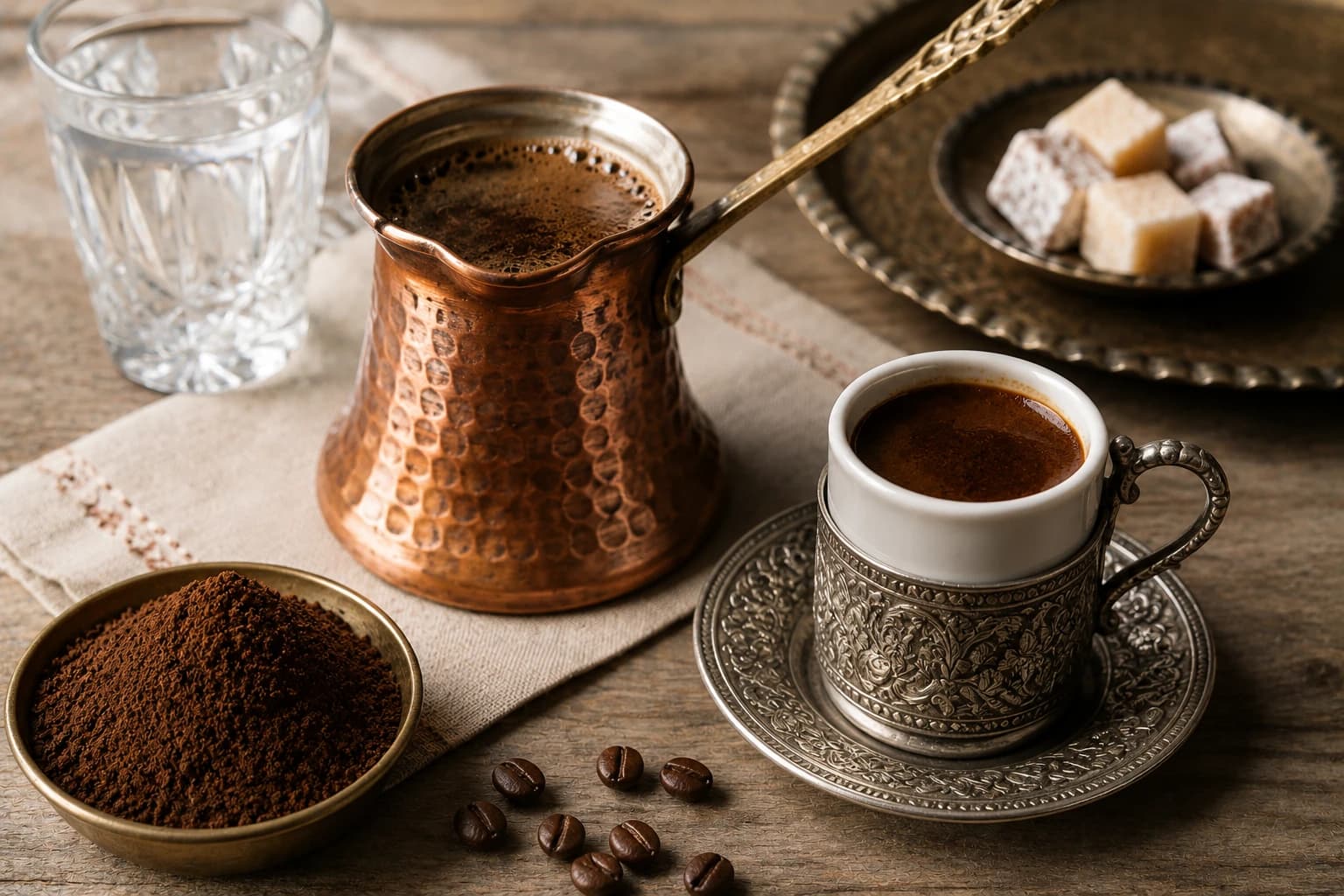 Greek coffee brewed in a copper briki with cup, grounds, and water nearby