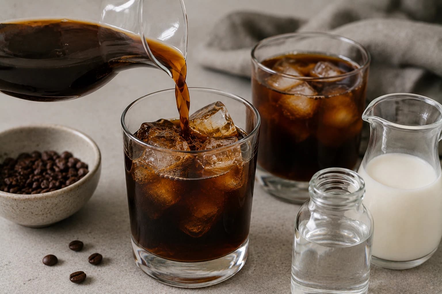 Cold brew coffee poured over ice with milk and water nearby for diluting concentrate.
