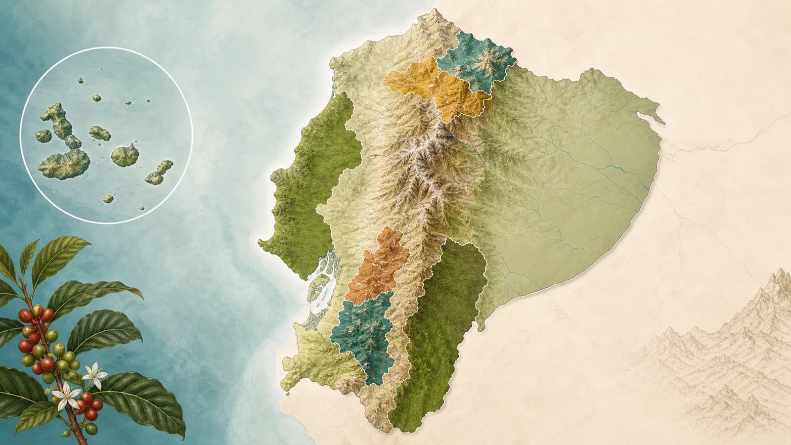Map-style visual showing Ecuadorian coffee-growing regions