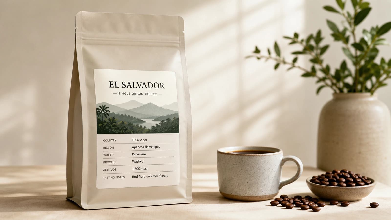 El Salvador coffee bag label checklist showing region, variety, process and freshness cues