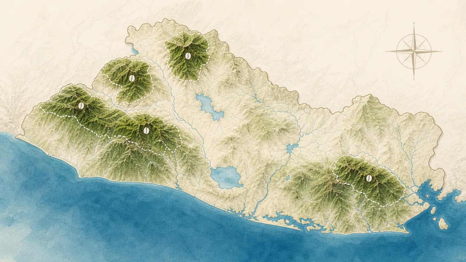 Map-style visual showing El Salvador coffee-growing regions