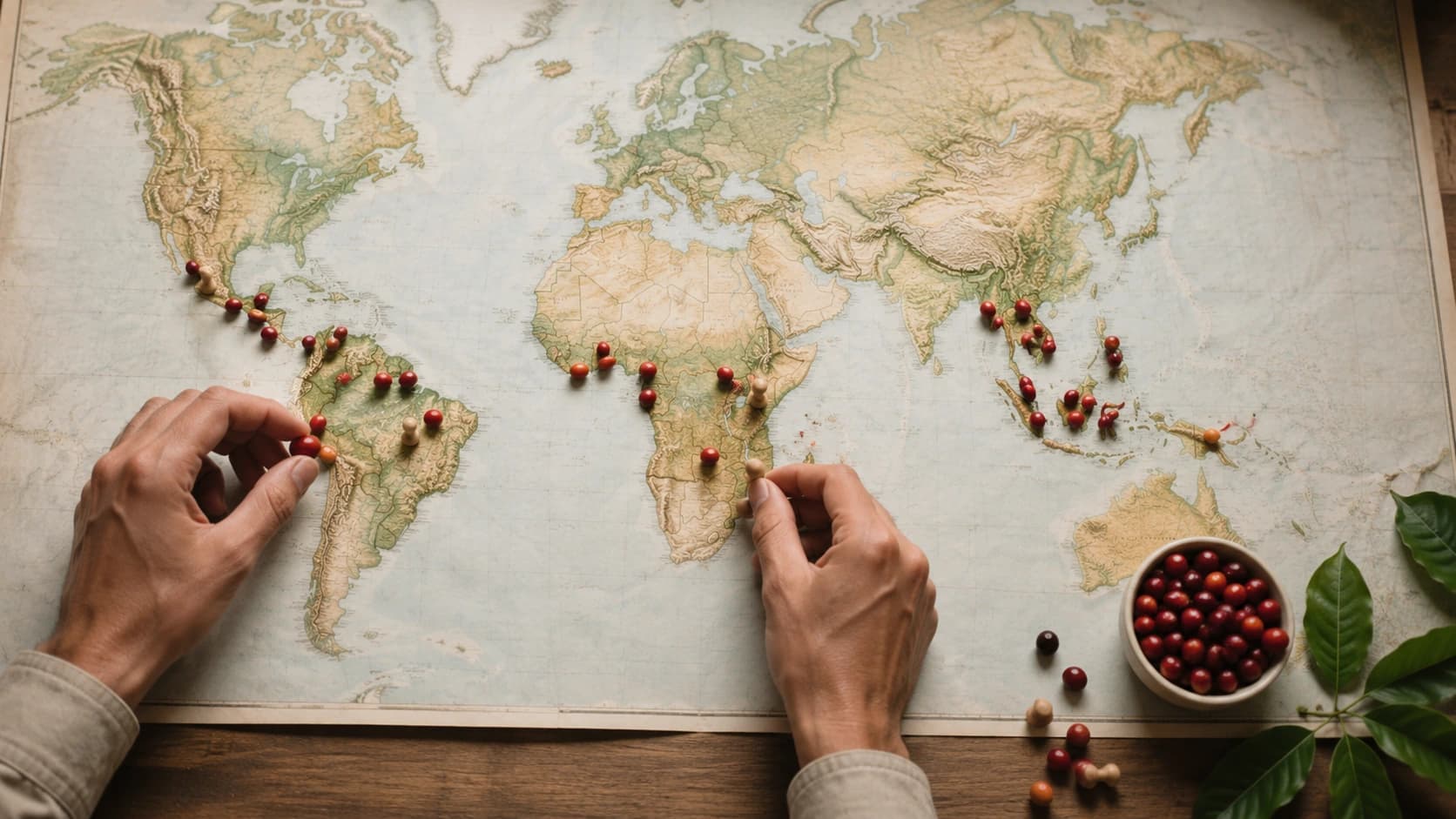 Map markers for coffee-producing countries across the world