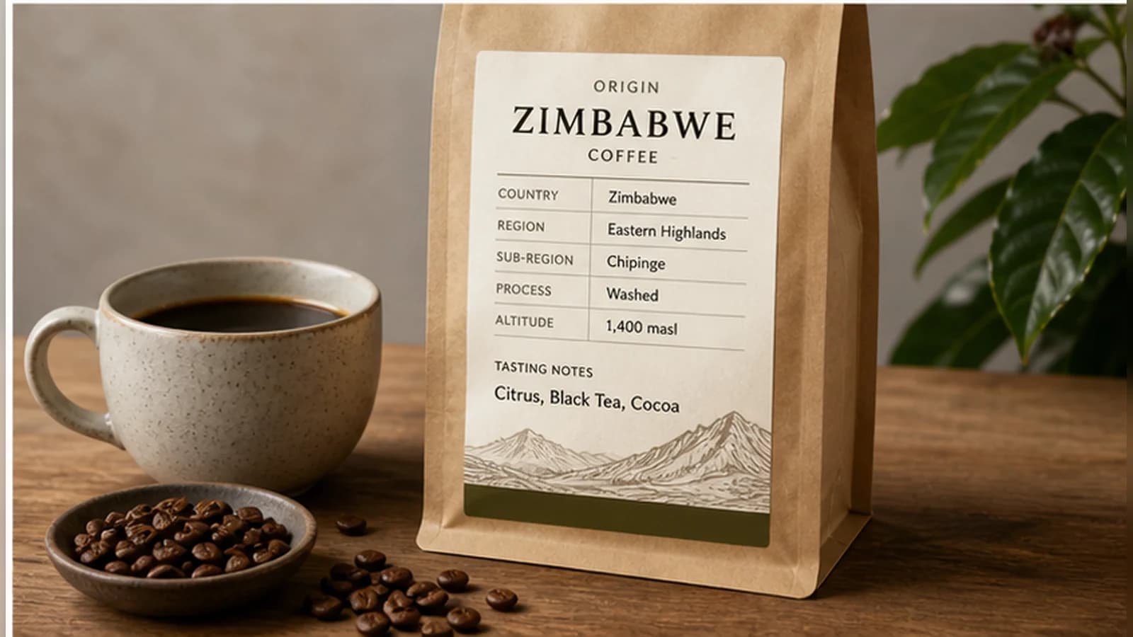 Zimbabwe coffee bag label checklist showing region, process, altitude and freshness cues
