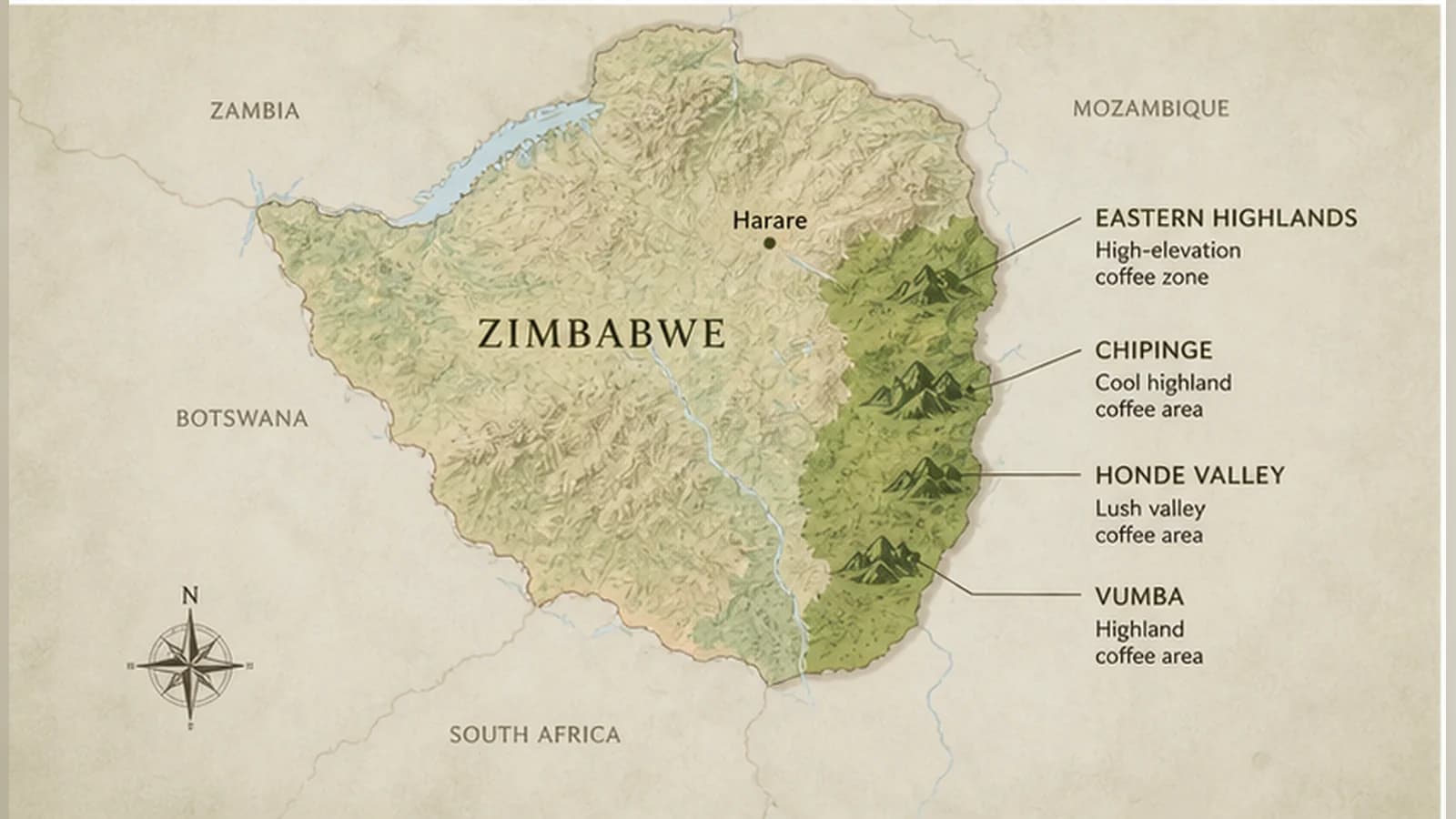 Map-style visual showing Zimbabwe coffee-growing regions