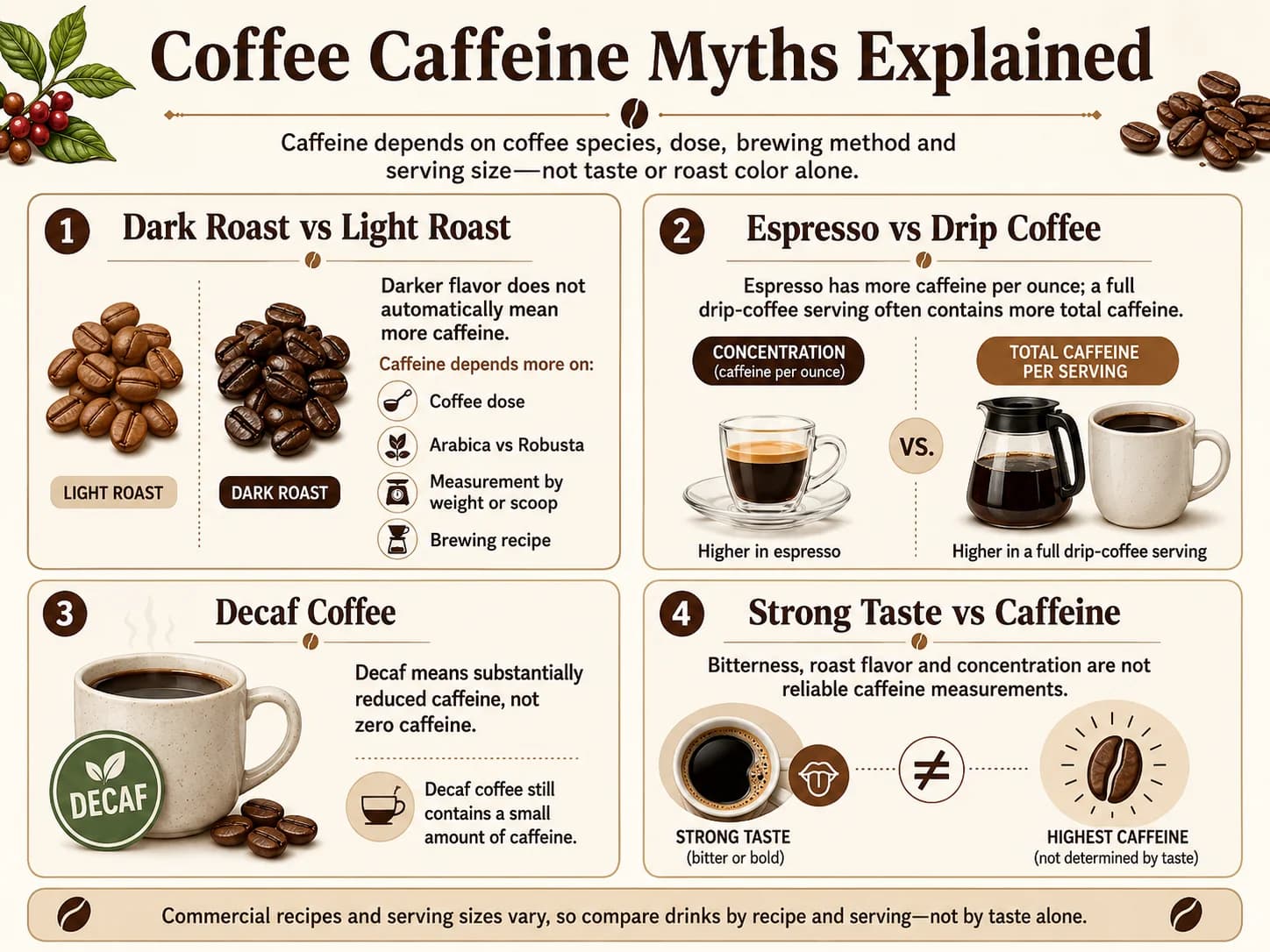Coffee caffeine myths comparing espresso, drip coffee, decaf and roast levels.