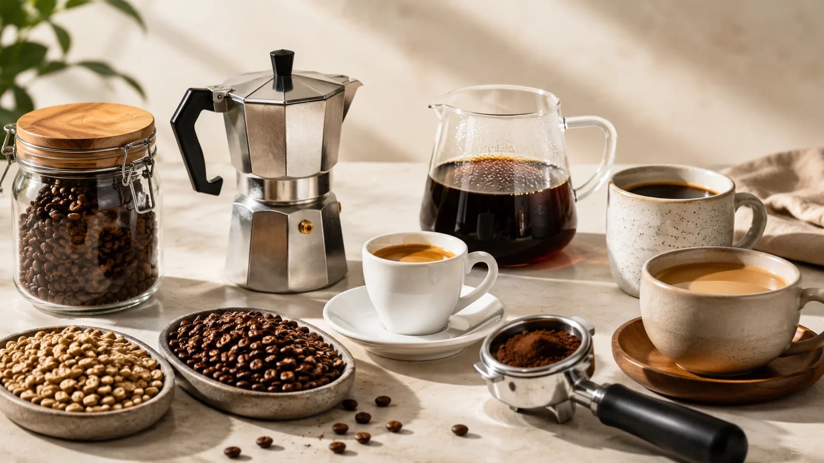 Coffee myths represented by espresso, drip coffee, light and dark roast beans and brewing tools.