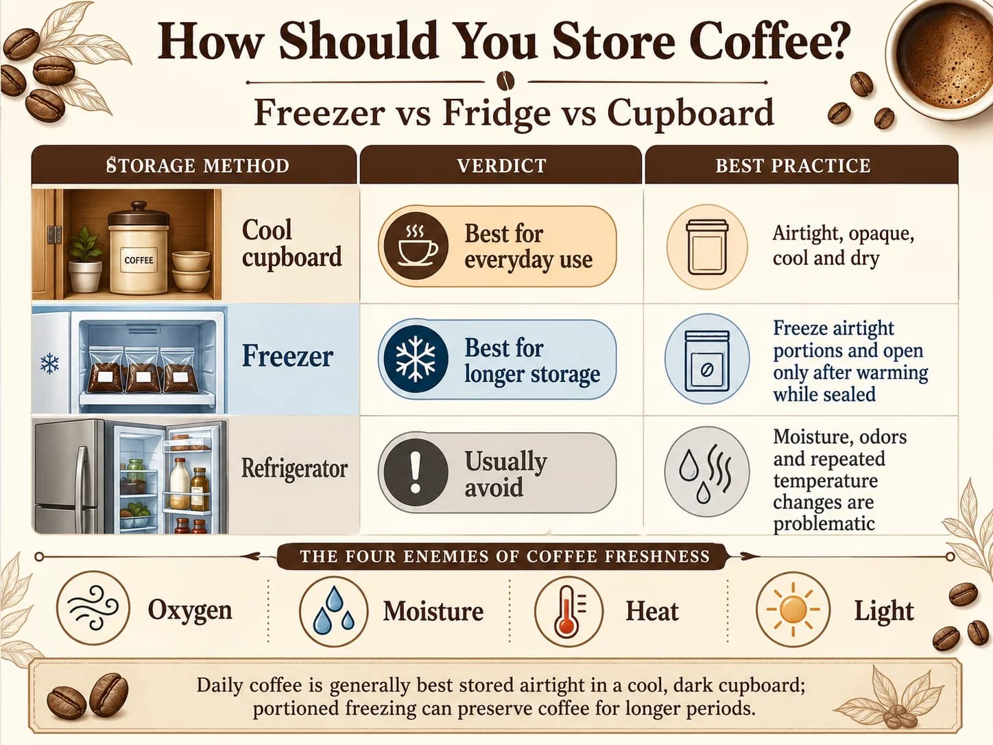 Coffee storage guide comparing freezer, refrigerator and airtight cupboard storage.