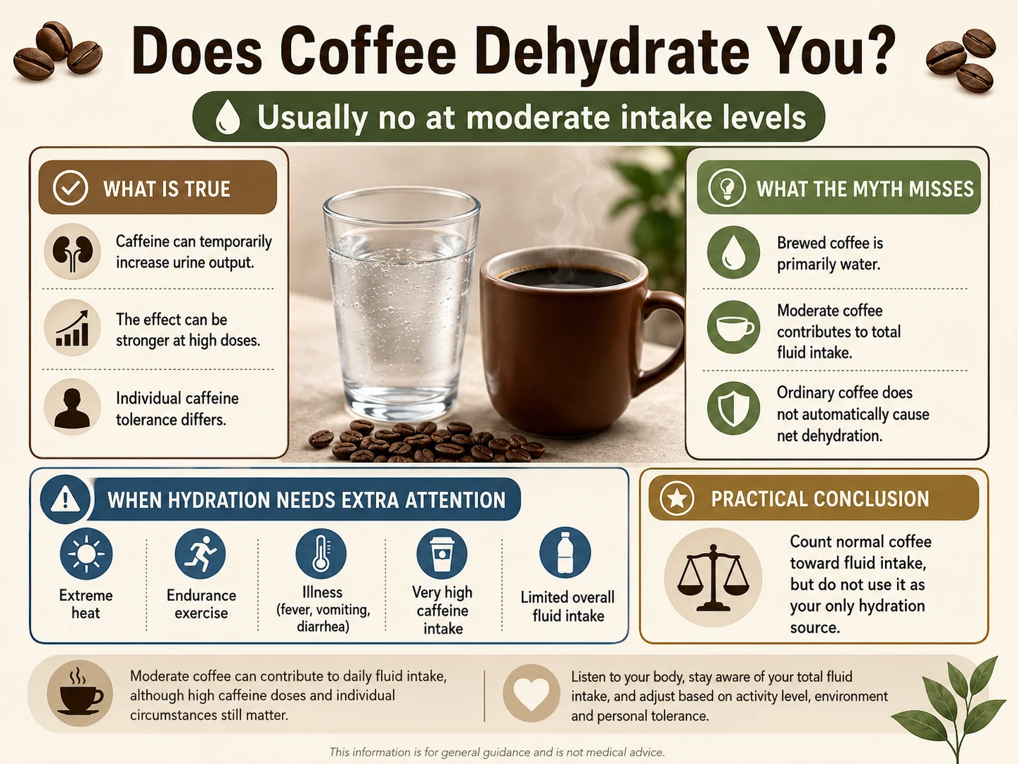 Coffee hydration myth visual comparing coffee as fluid intake with caffeine dose context.