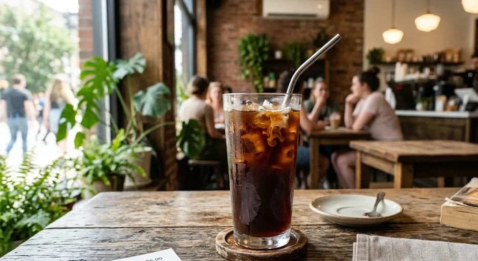 Tall glass of cold brew over ice on a rustic cafe table