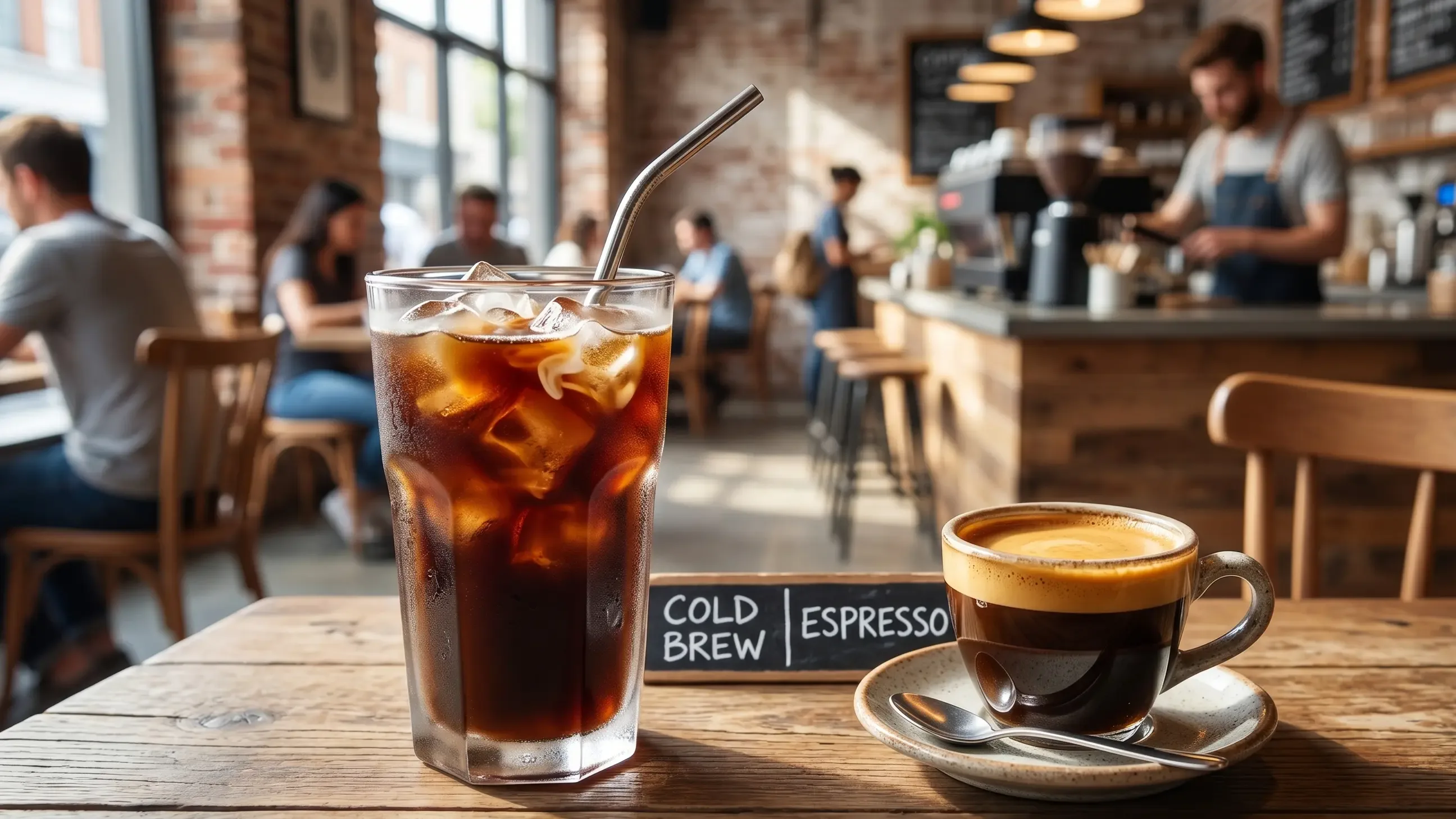 Cold brew coffee over ice beside an espresso shot with crema on a cafe table for a cold brew vs. espresso comparison
