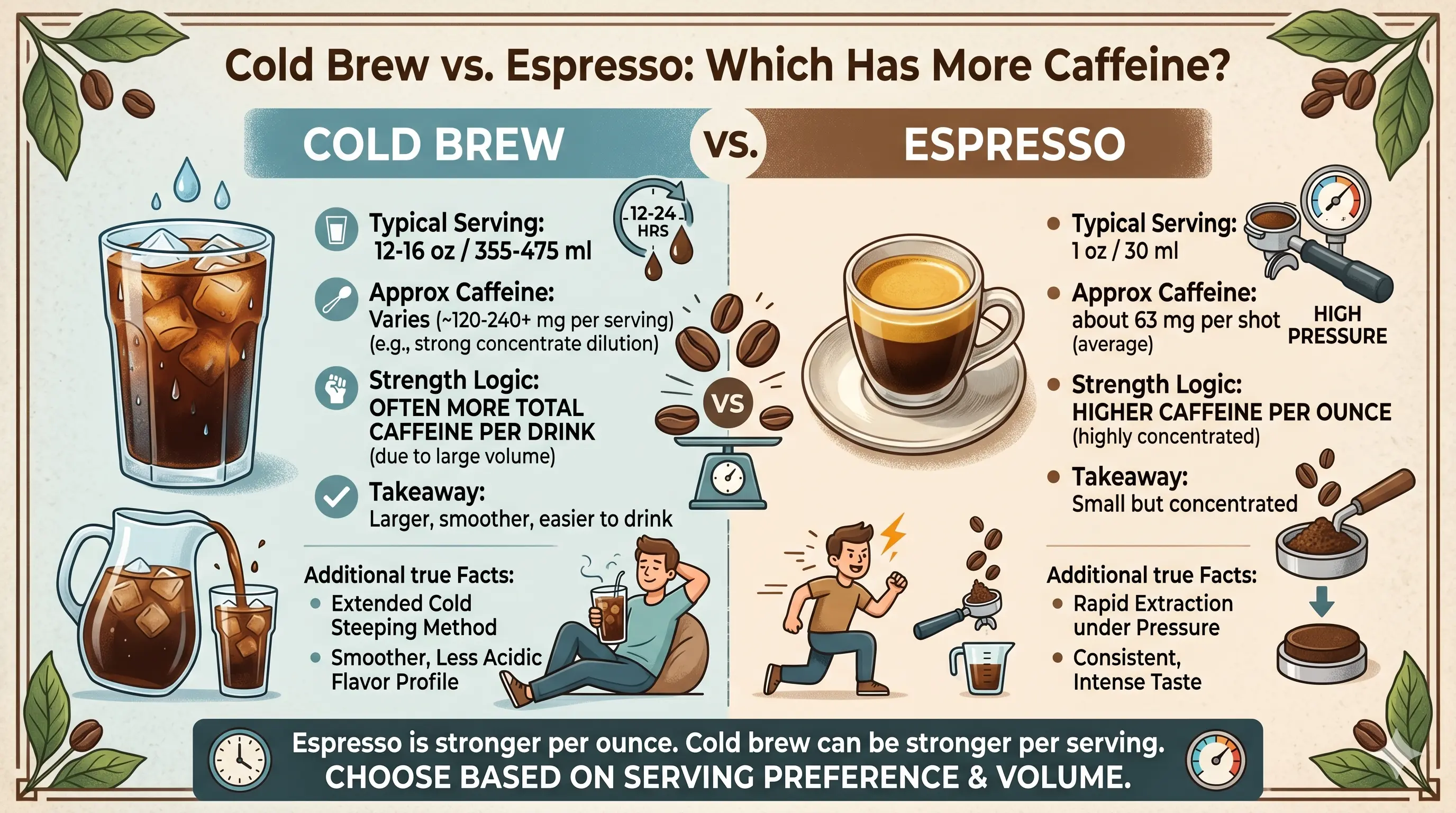 Cold brew vs espresso caffeine infographic comparing serving size and per-ounce strength