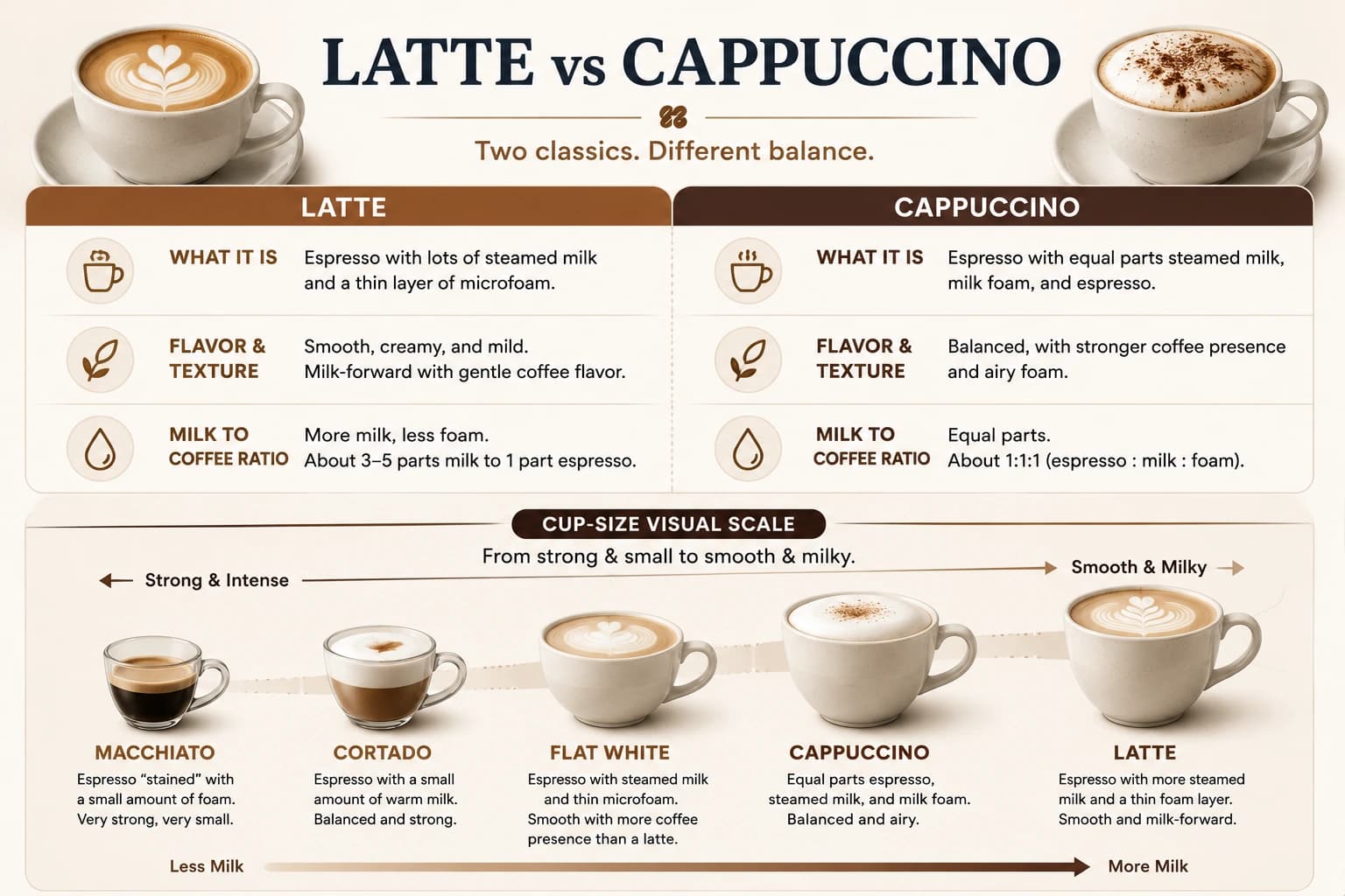 Latte, cappuccino, macchiato, and flat white cup-size scale