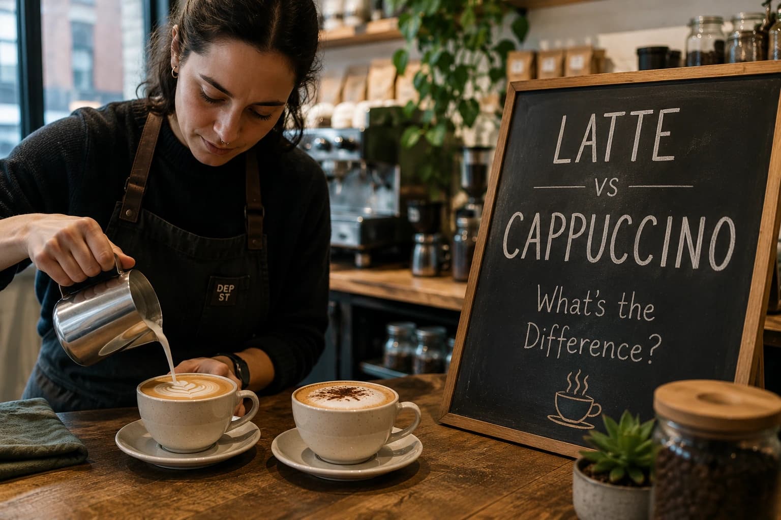 Barista pouring steamed milk into a latte beside a cappuccino, with a cafe chalkboard reading Latte vs. Cappuccino: What's the Difference?