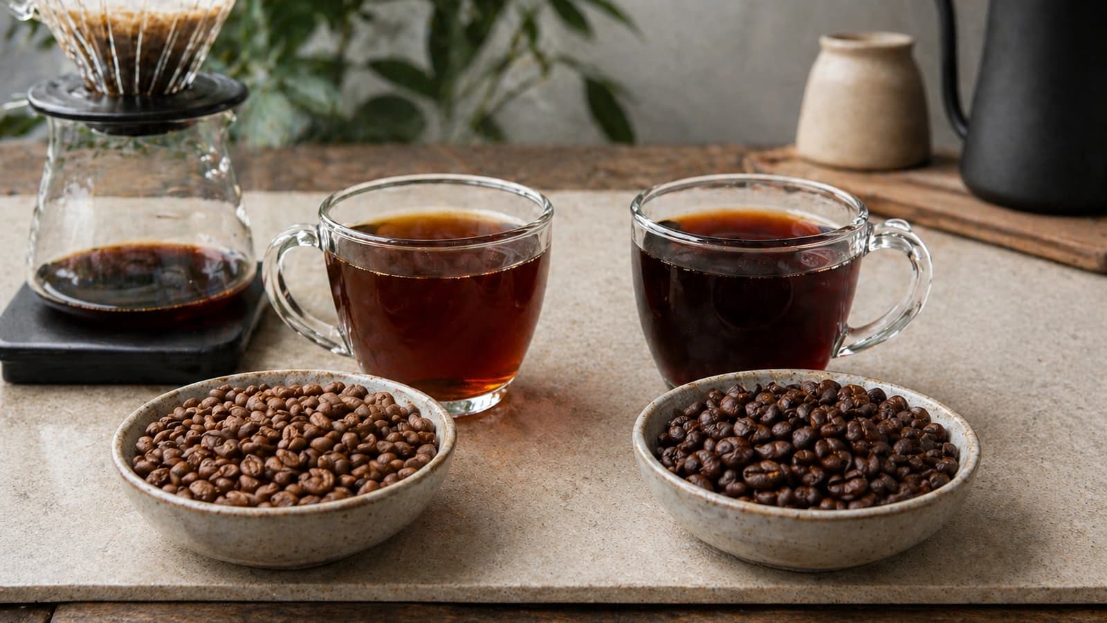 Two cups of filter coffee brewed from light roast and medium roast beans beside a paper filter dripper