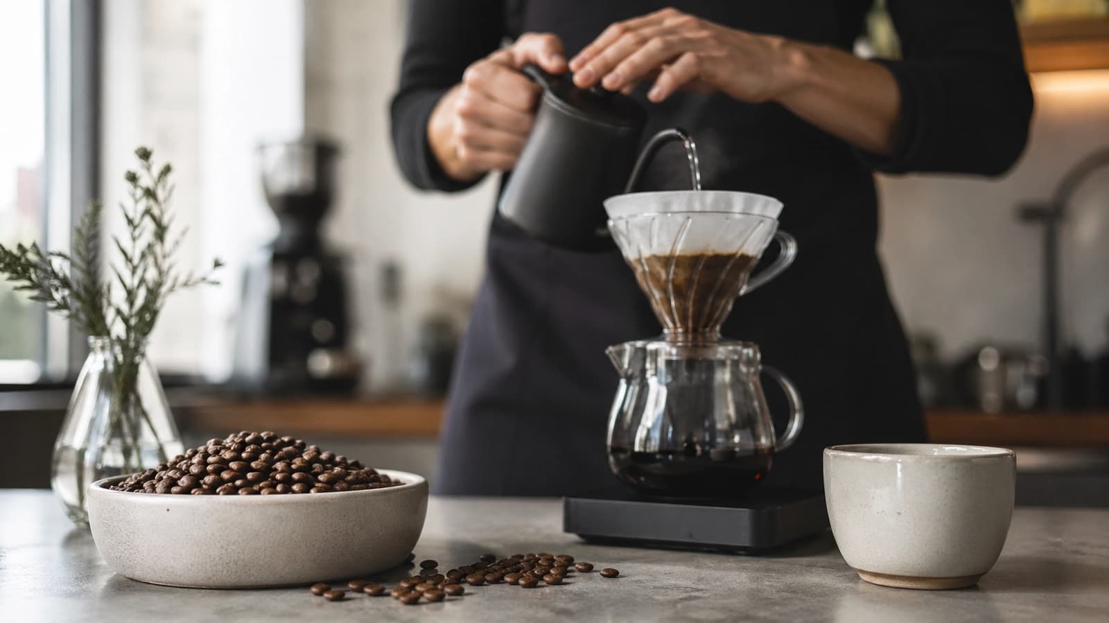 Barista preparing pour-over specialty coffee with roasted beans and a ceramic cup on a cafe counter