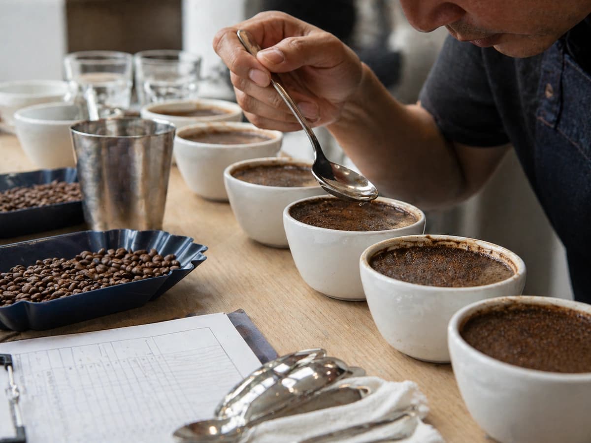 Coffee cupping table with tasting bowls, spoons, and score sheets
