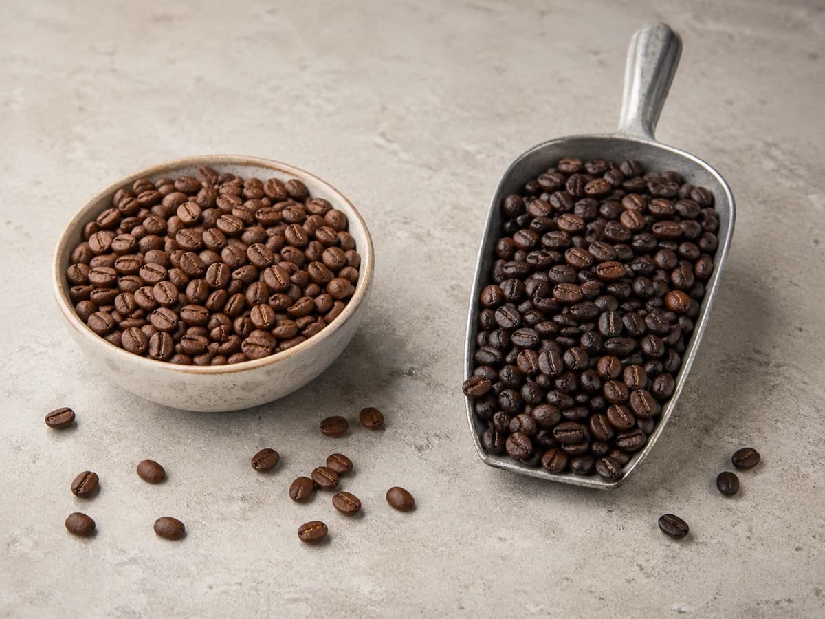 Side-by-side comparison of specialty coffee beans and regular commodity coffee beans