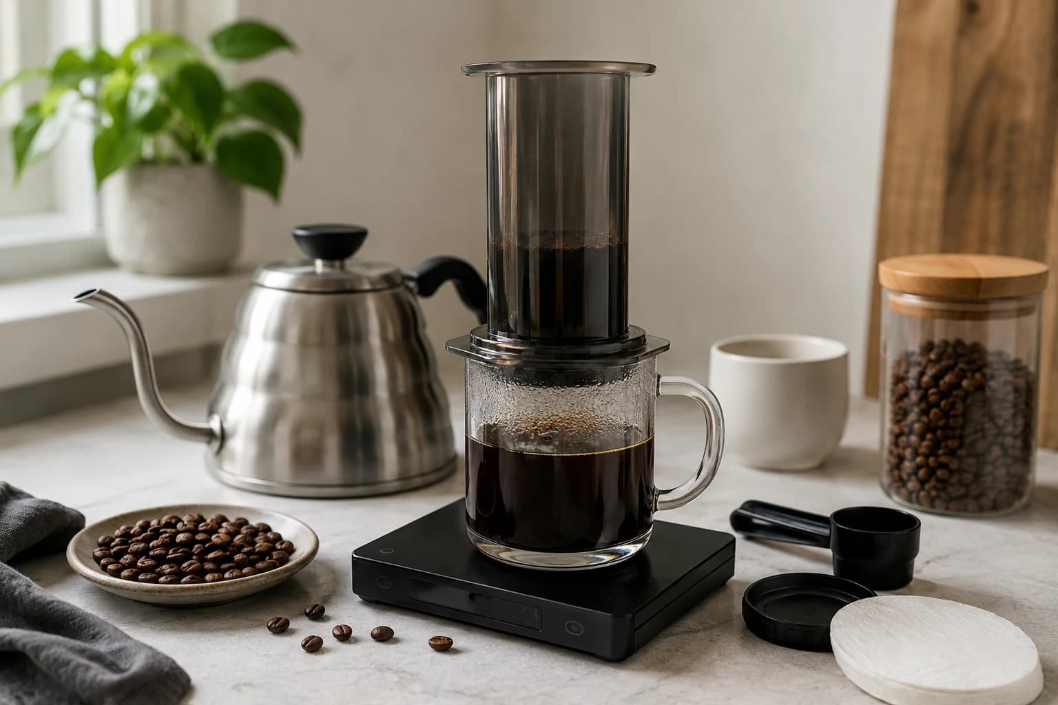 AeroPress coffee brewing setup with beans, kettle, filters and a cup on a kitchen counter