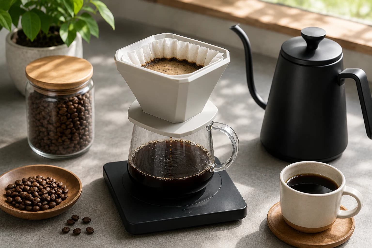April Brewer pour over setup with flat-bottom filter, kettle, beans, and cup