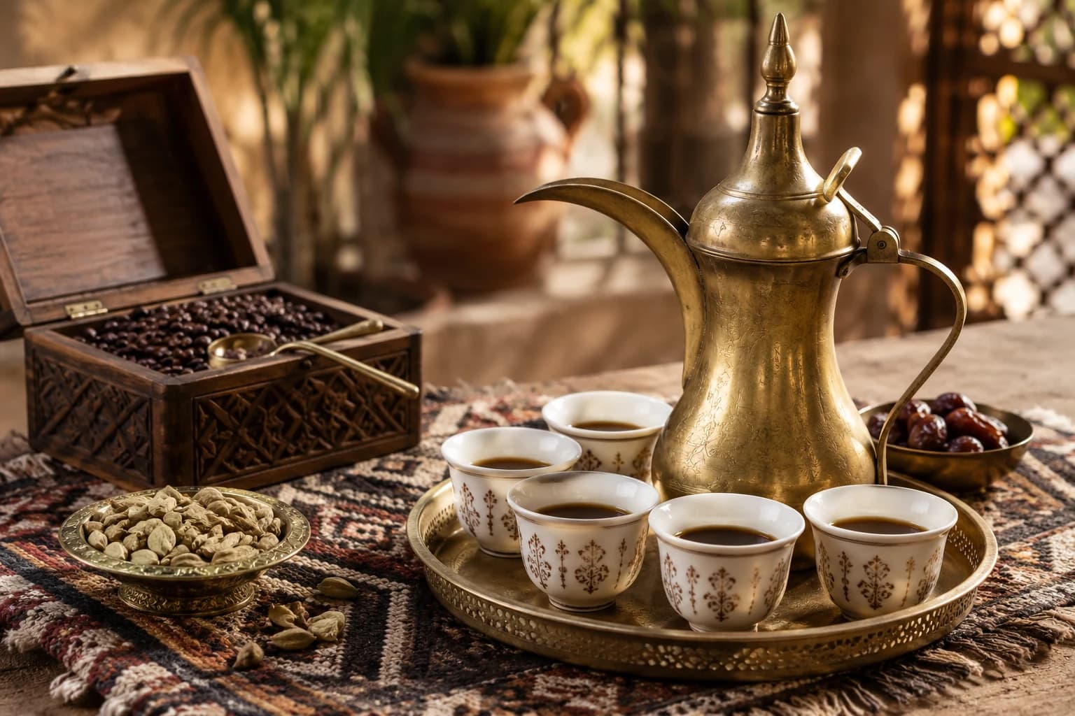 Arabic gahwa coffee served from a brass dallah with small finjan cups, dates, and cardamom
