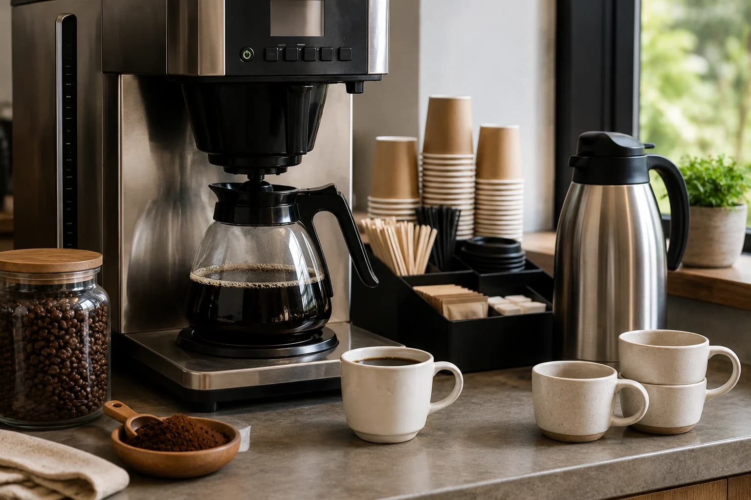 Batch brew coffee machine brewing into a thermal carafe with a filter basket and fresh coffee nearby