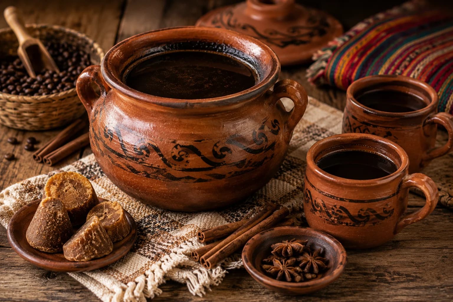 Cafe de Olla served in a clay mug with piloncillo and cinnamon