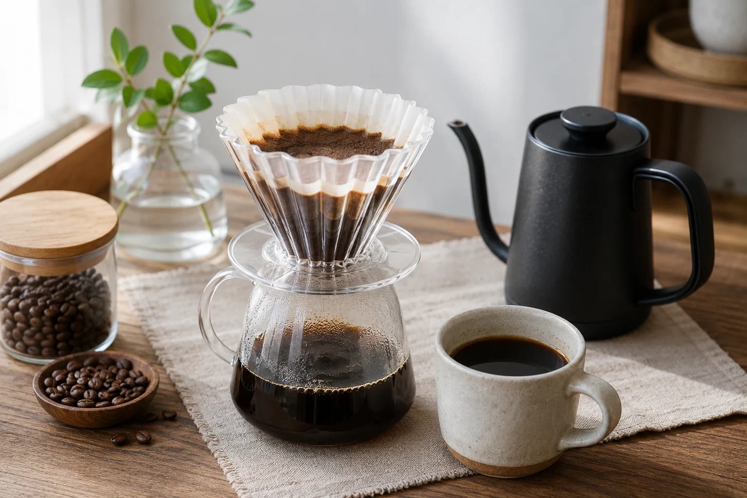 CAFEC Flower Dripper brewing through a paper filter with kettle, beans, and cup