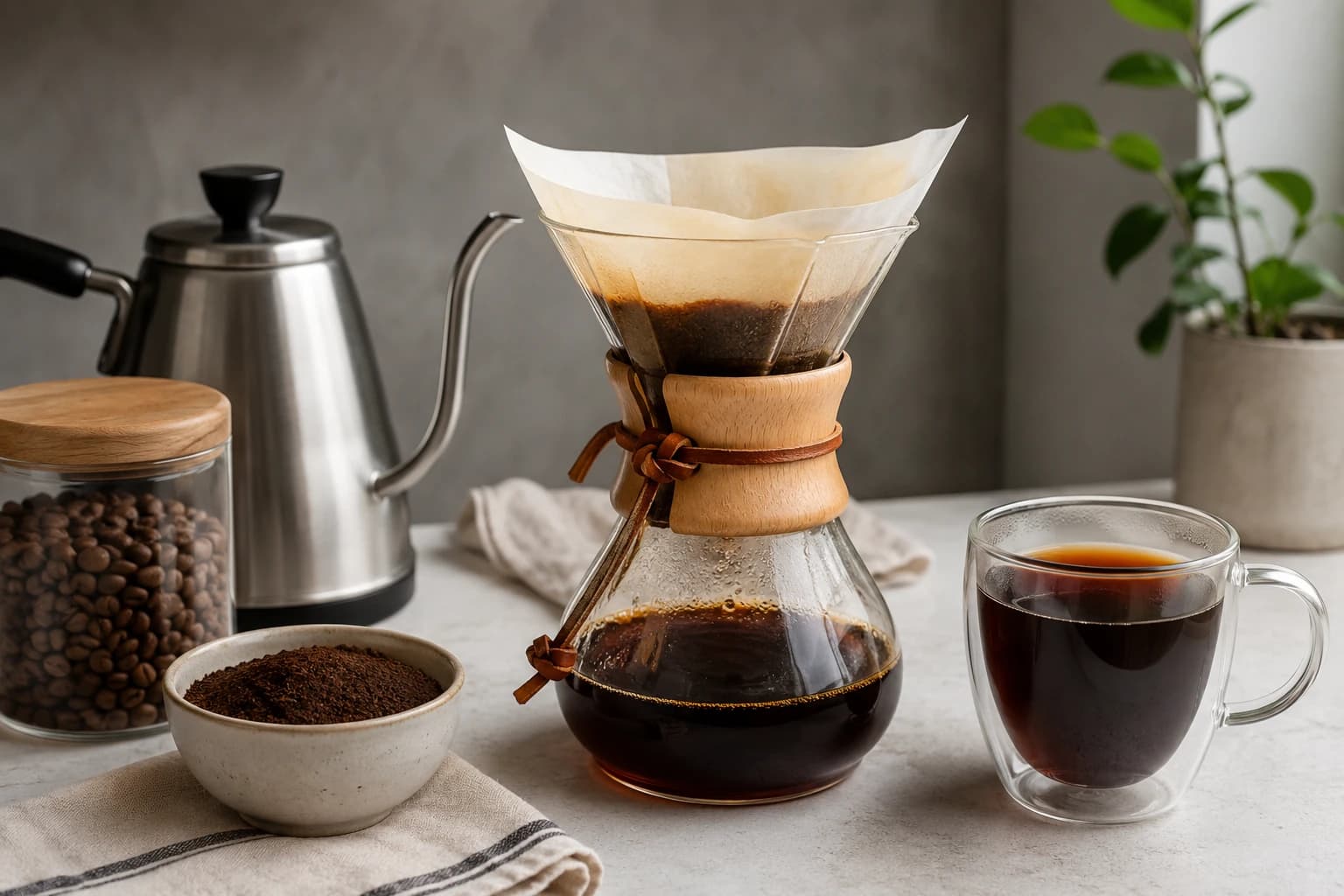 Chemex coffee brewer with paper filter, kettle, beans and a cup on a counter