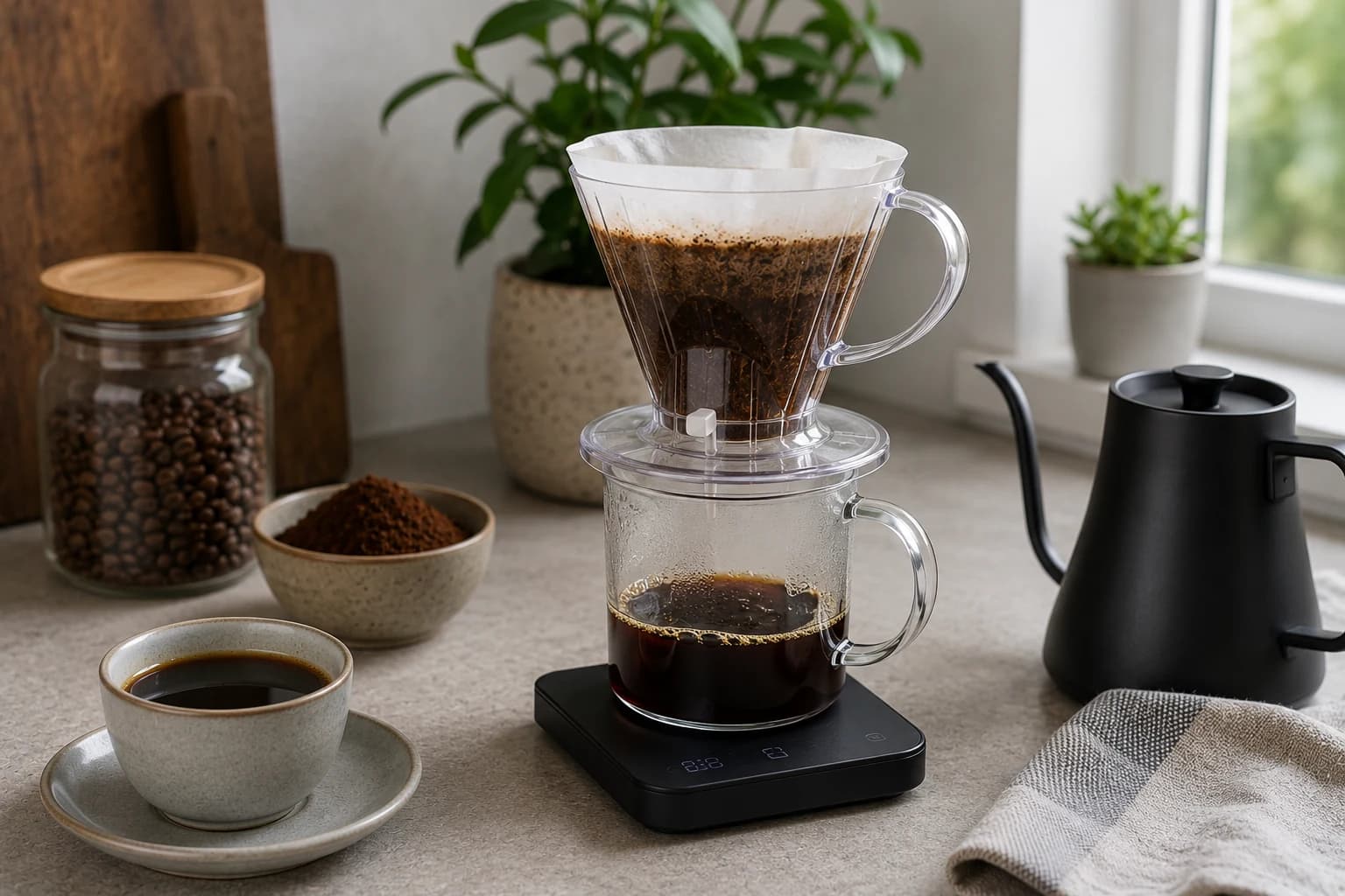 Clever Dripper coffee setup with paper filter, coffee bed, kettle and cup