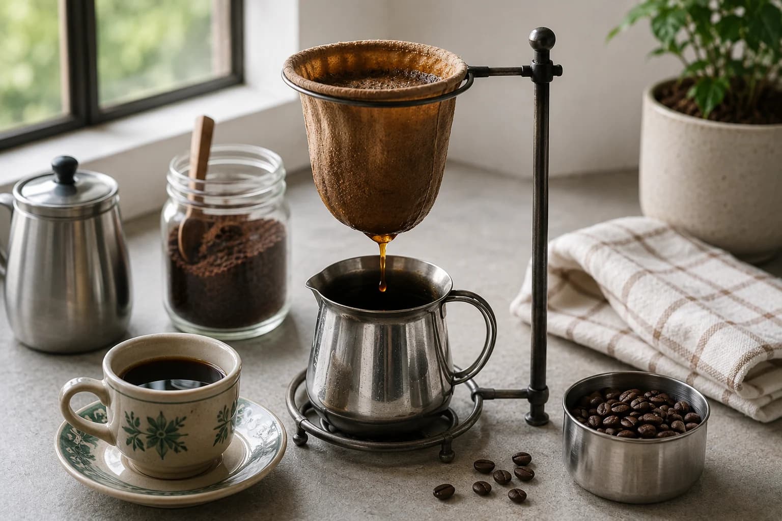 Cloth filter coffee dripping through a fabric filter into a cup