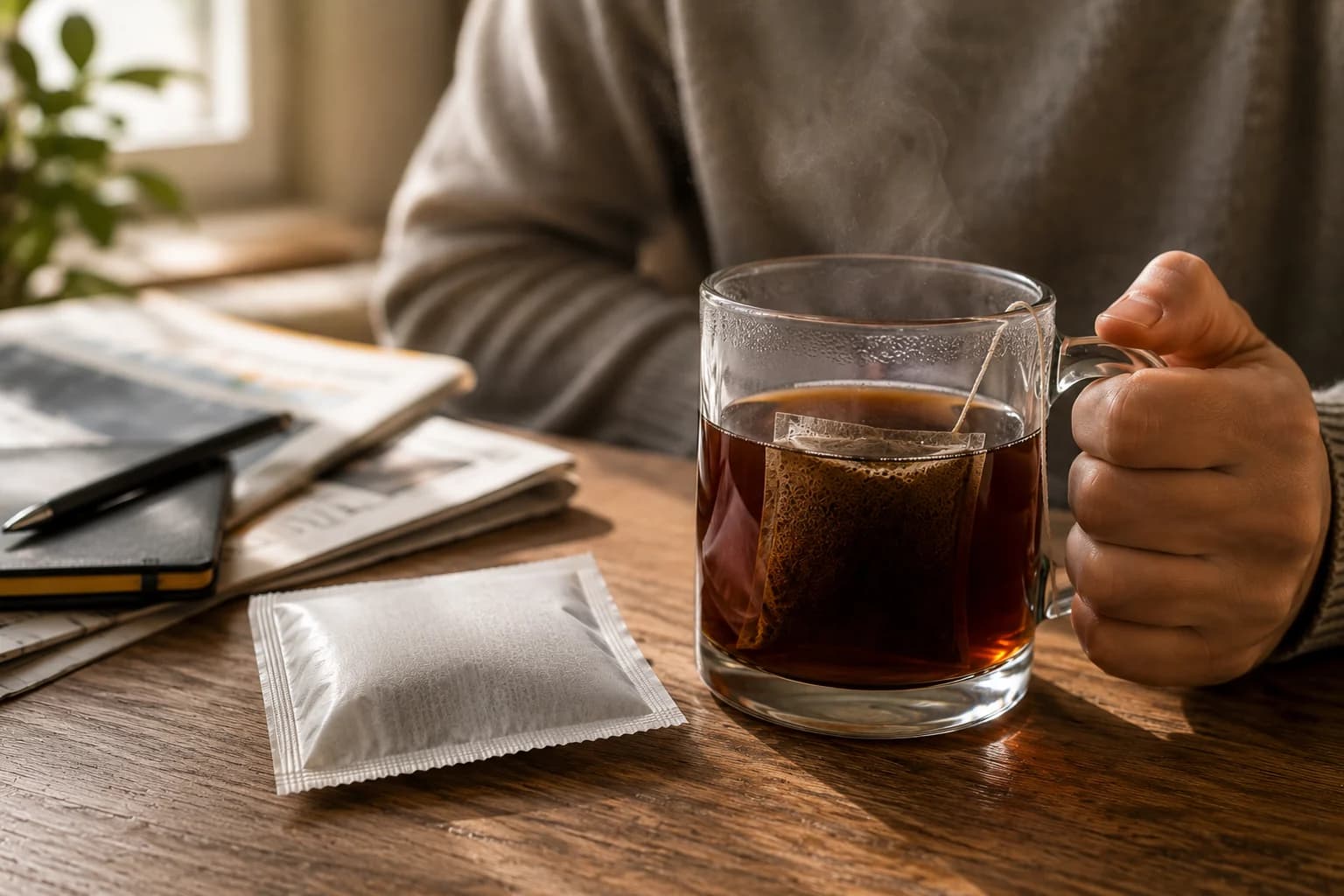Immersion coffee bag steeping in a clear mug while a person holds the handle, with a wrapped sachet on the table