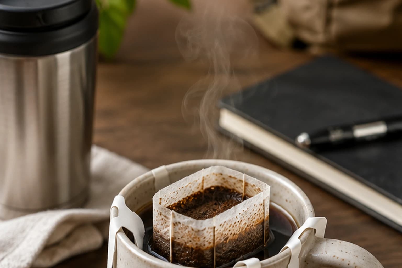 Hang-on drip coffee bag clipped over a mug beside a travel flask and notebook