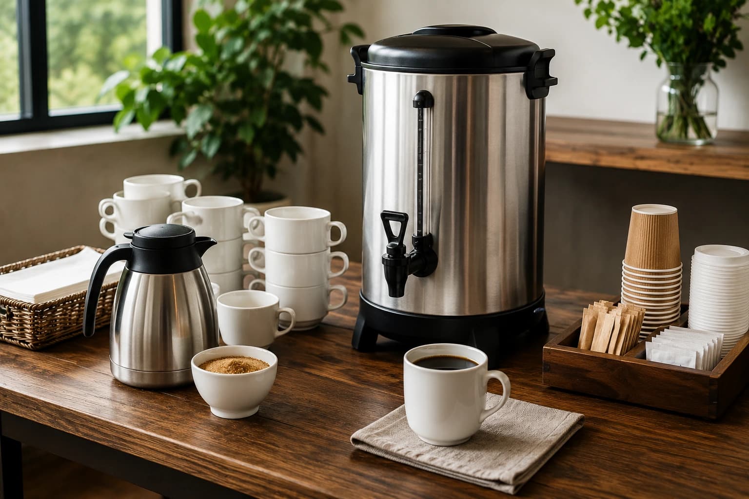 Coffee urn service station with cups, carafe, and hot coffee for a group