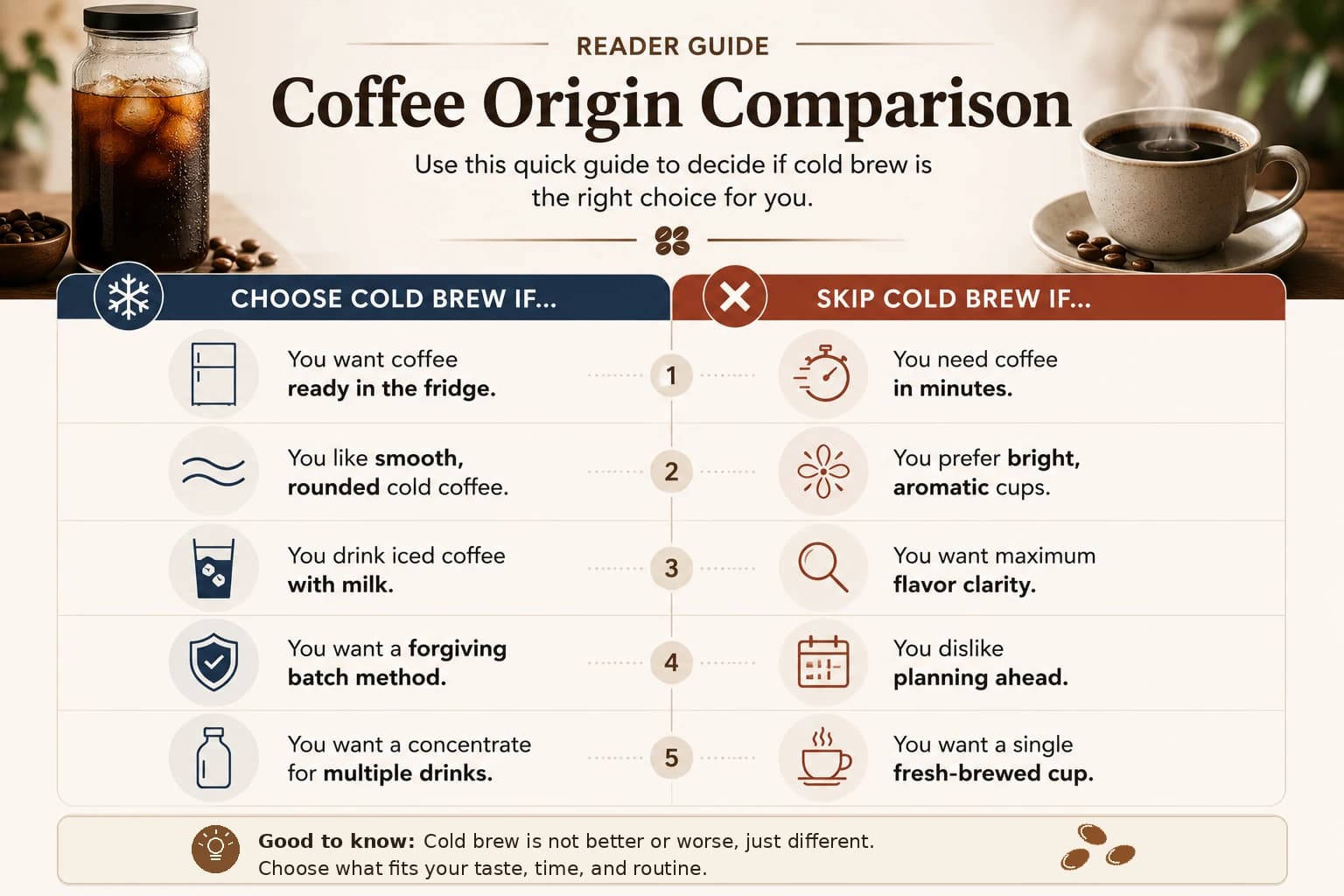 Cold brew decision guide showing when to choose cold brew for smooth make-ahead iced coffee and when to skip it for faster, brighter coffee