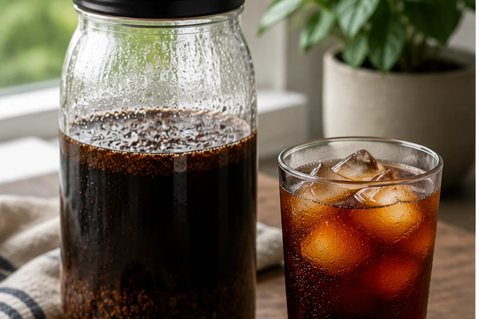 Cold brew coffee served over ice beside a jar of concentrate and coarse coffee grounds