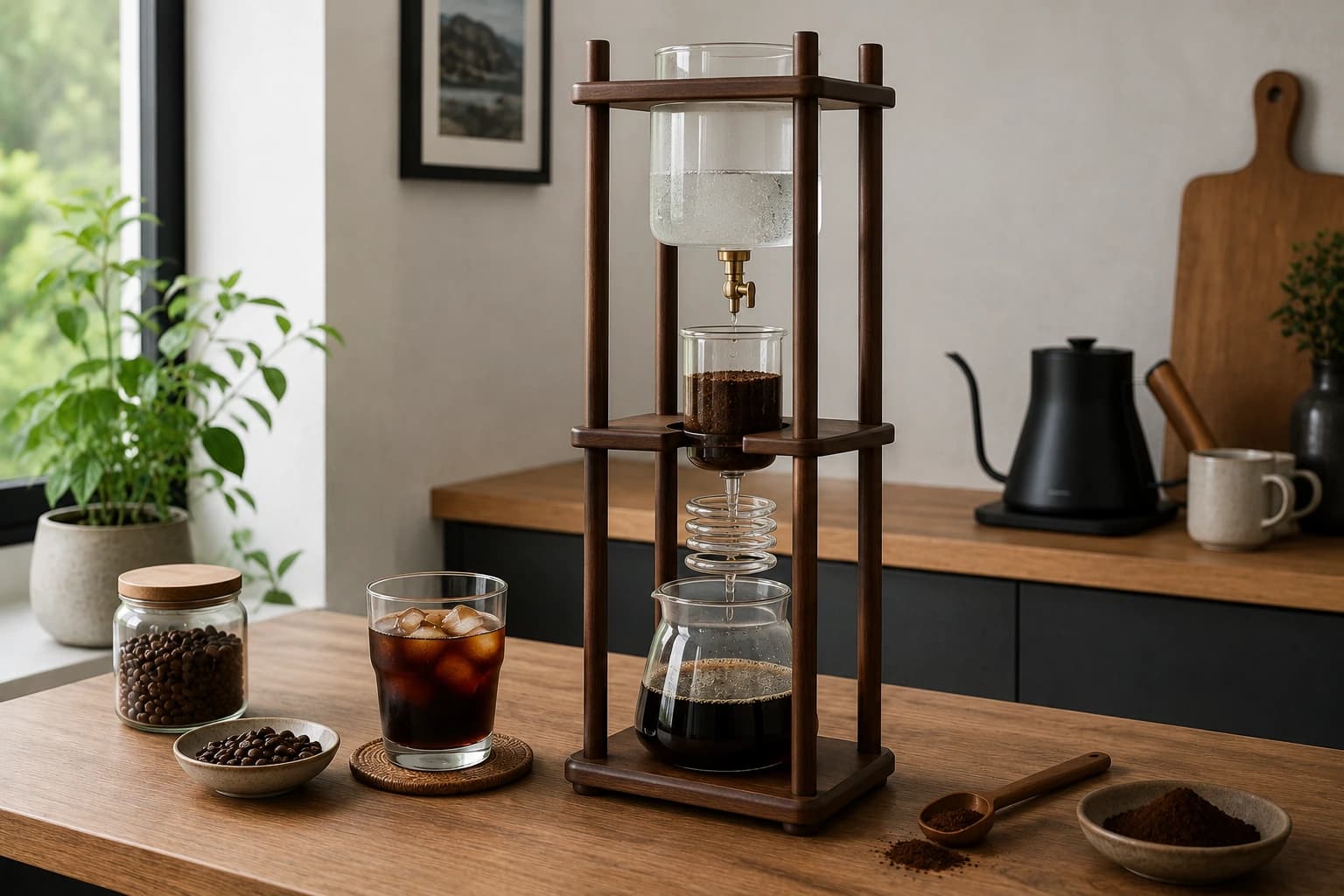 Cold drip tower brewing coffee slowly into a carafe with iced coffee nearby
