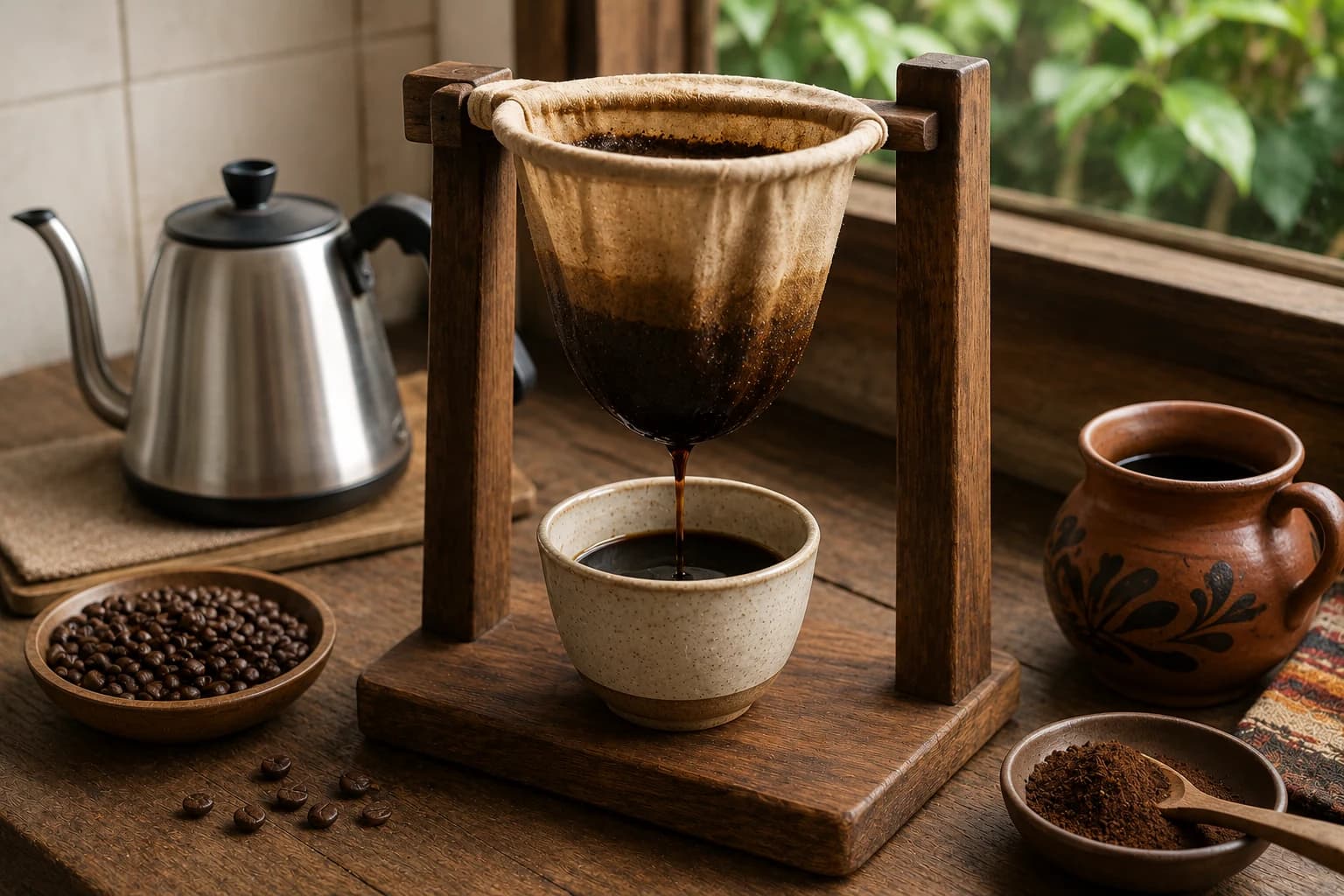 Costa Rican chorreador cloth filter brewing coffee into a cup on a wooden stand