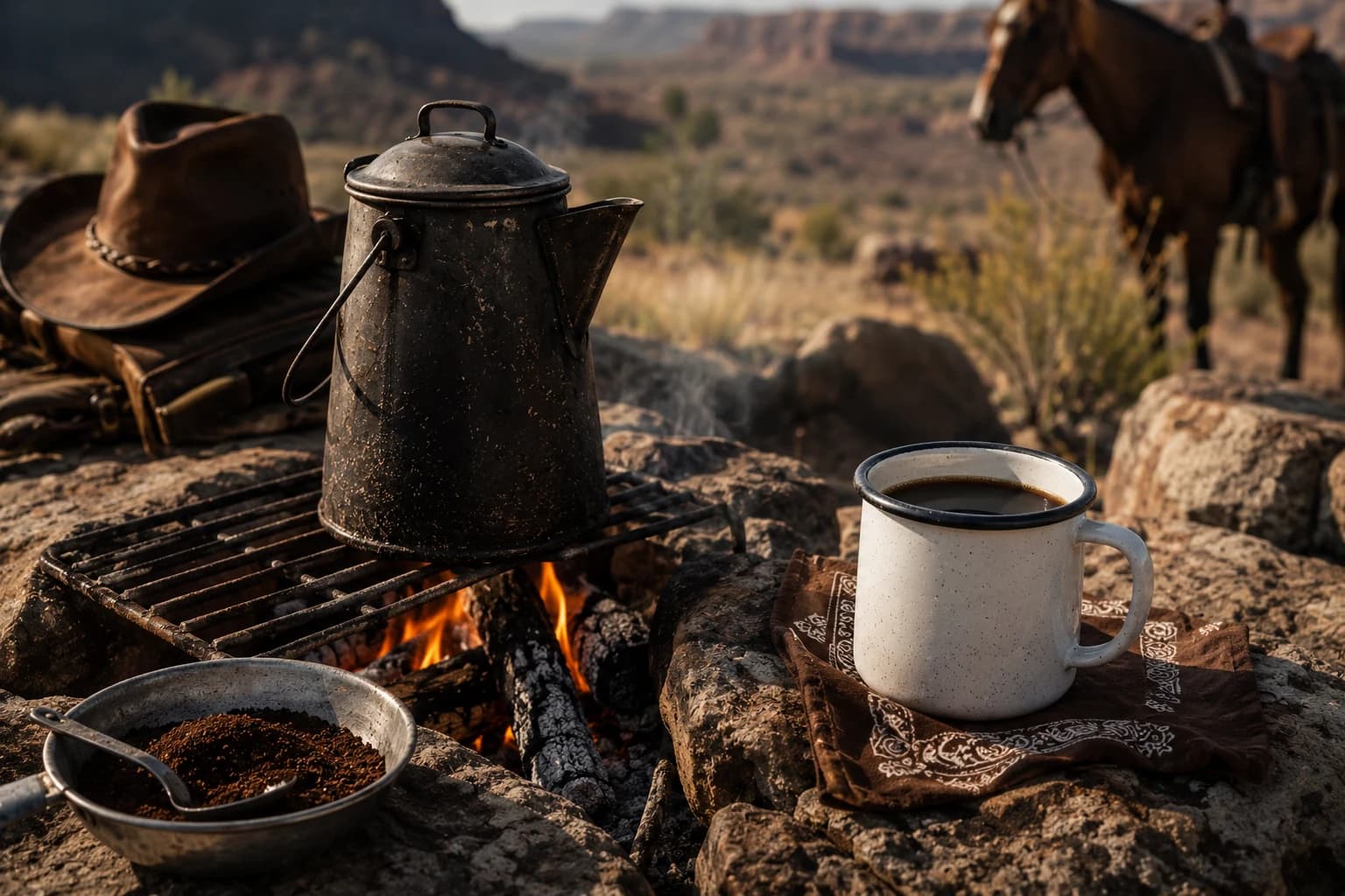 Cowboy coffee kettle over a campfire with a mug, grounds, and open desert in the background