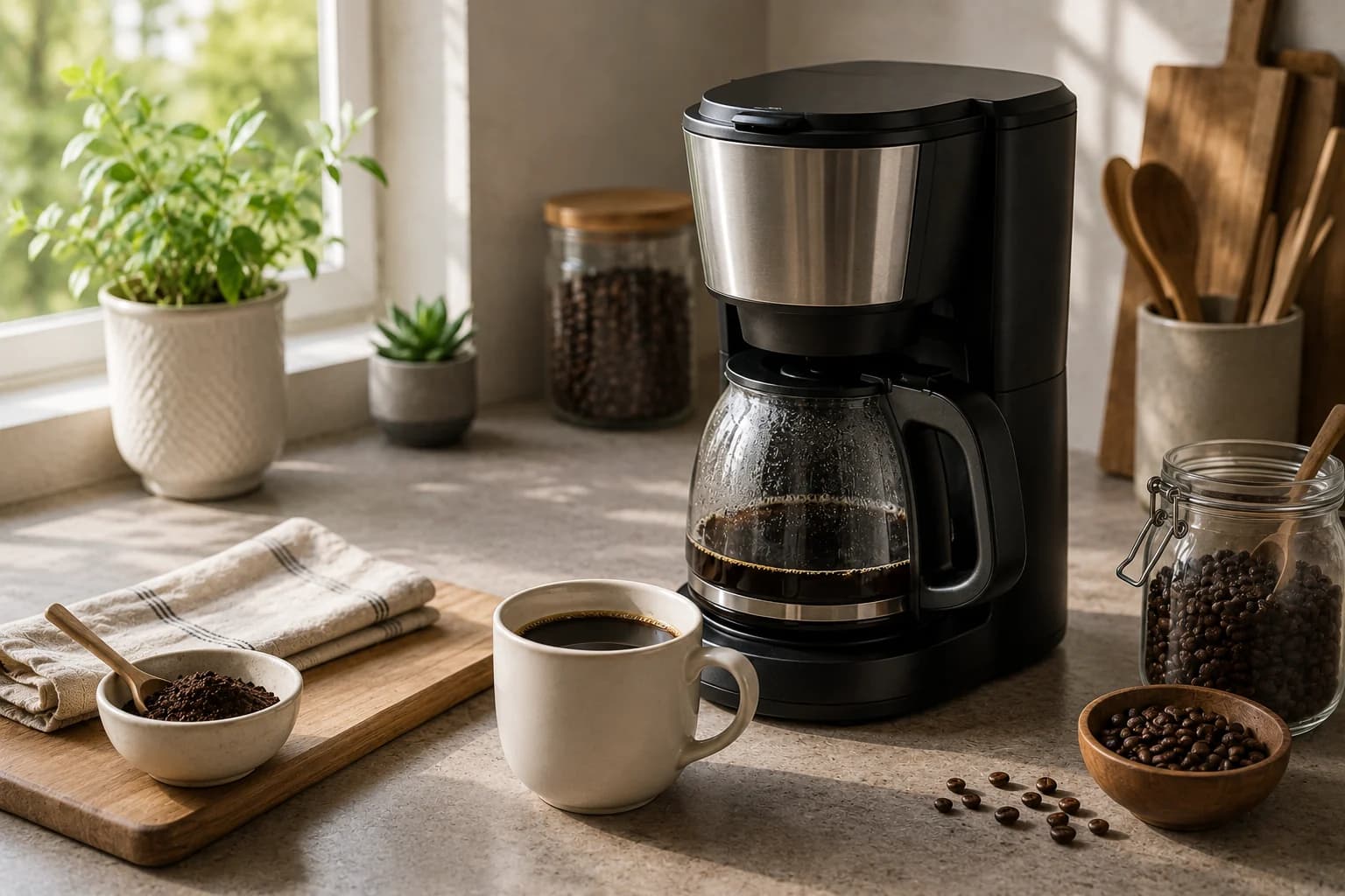 Automatic drip coffee maker brewing into a glass carafe on a kitchen counter