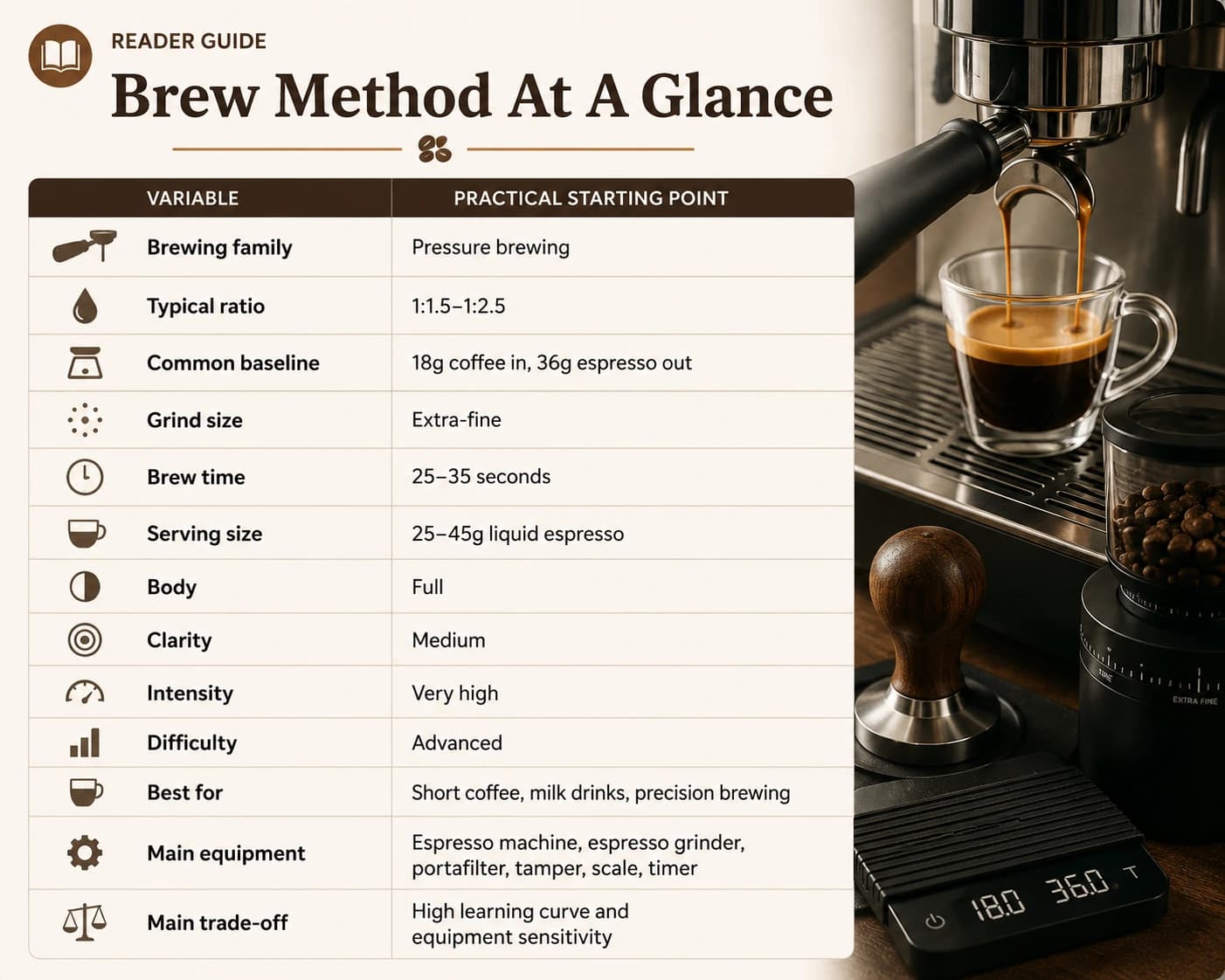 Reader guide showing espresso at a glance: pressure brewing, 1:1.5 to 1:2.5 ratio, 18g coffee in and 36g espresso out baseline, extra-fine grind, 25 to 35 second brew time, full body, medium clarity, very high intensity, advanced difficulty, and required espresso equipment