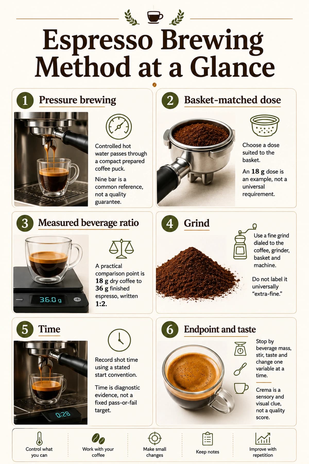 Six-part espresso brewing infographic covering pressure, basket-matched dose, measured beverage ratio, grind, shot time, and taste-led adjustment.