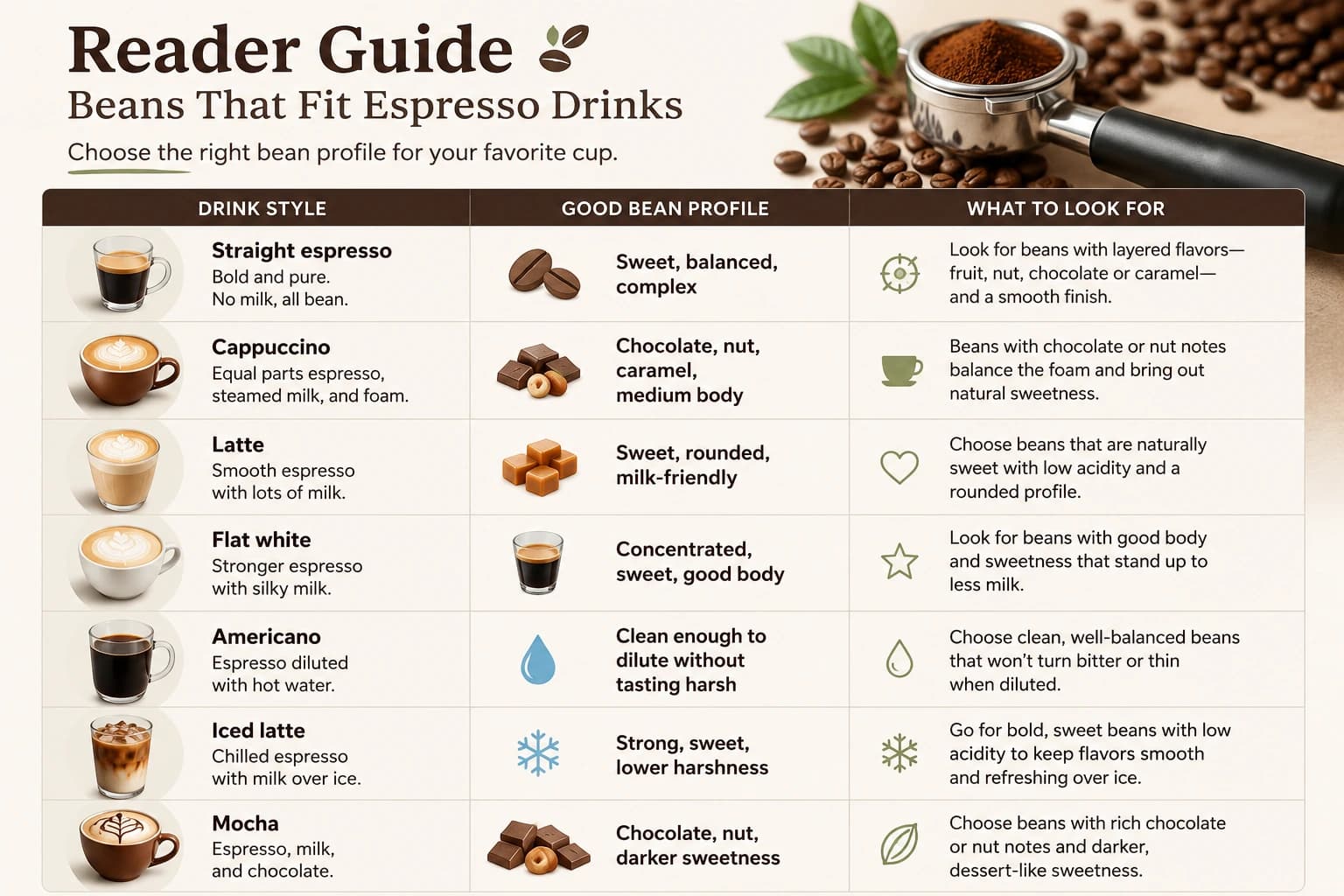 Bean guide infographic matching straight espresso, cappuccino, latte, flat white, Americano, iced latte, and mocha with suitable flavor profiles.
