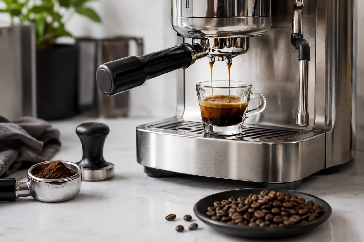 Espresso machine pulling a concentrated shot with crema into a clear cup