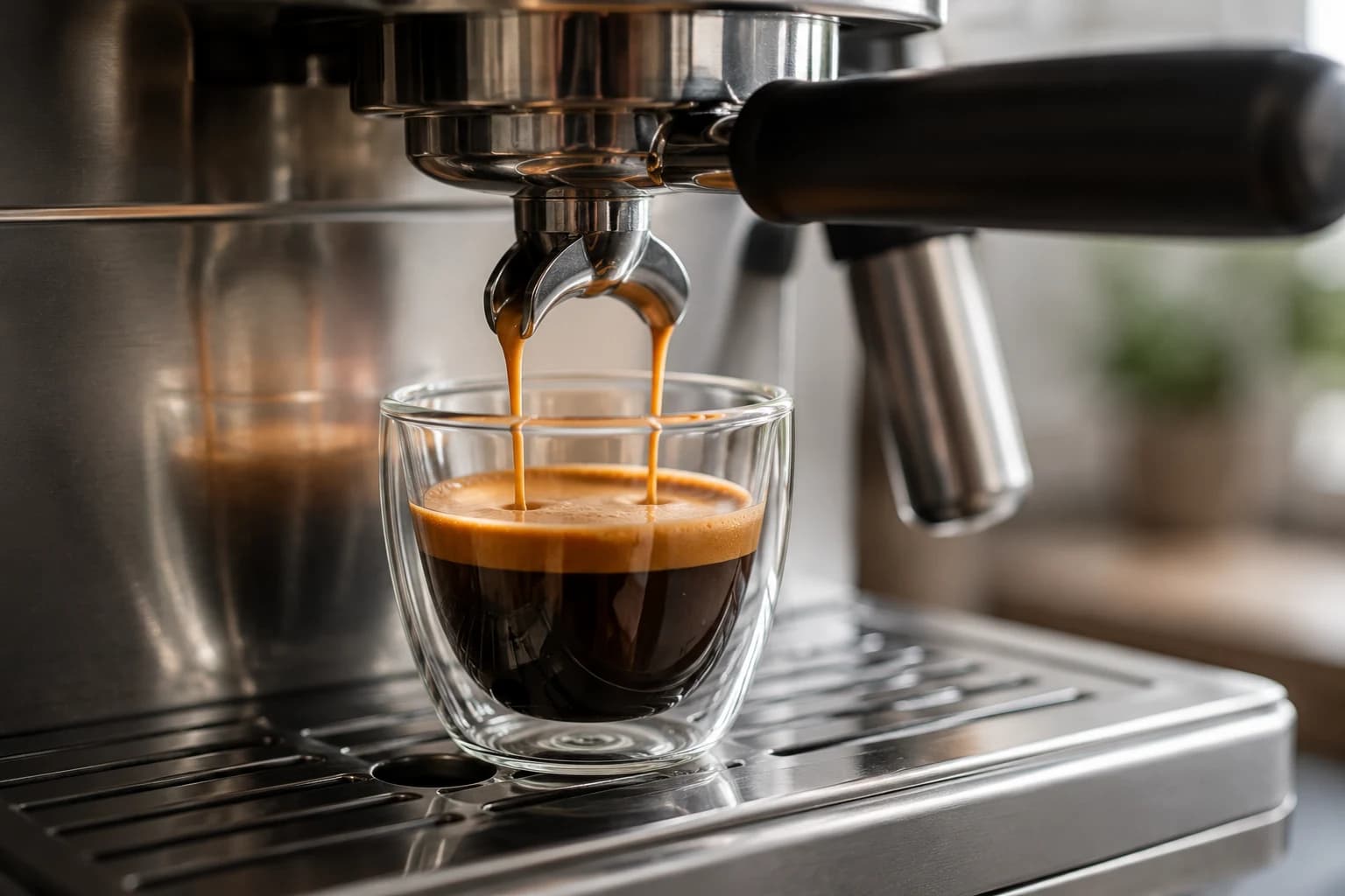 Espresso extracting through a spouted portafilter into a small double-wall glass cup.