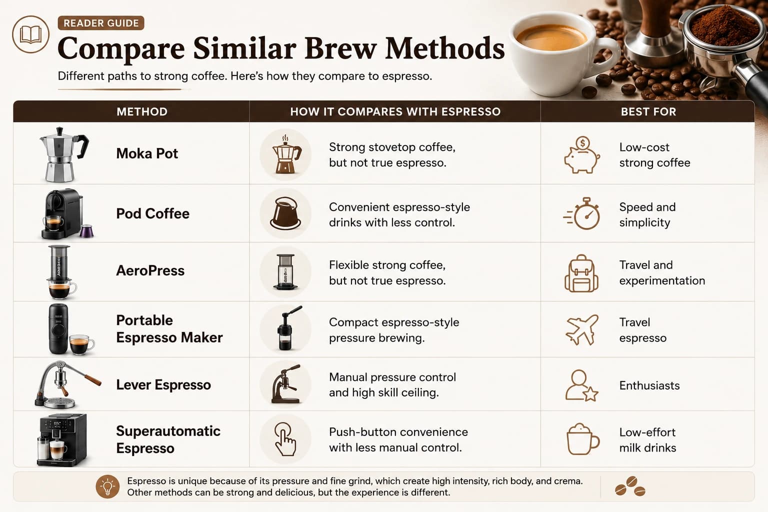 Infographic comparing espresso with moka pot, pod coffee, AeroPress, portable espresso, lever espresso, and superautomatic methods.