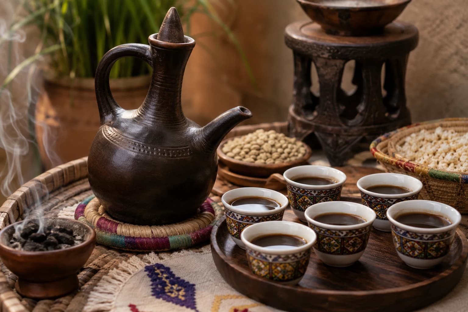 Ethiopian jebena coffee ceremony setup with clay pot, cups, green coffee, and roasted beans