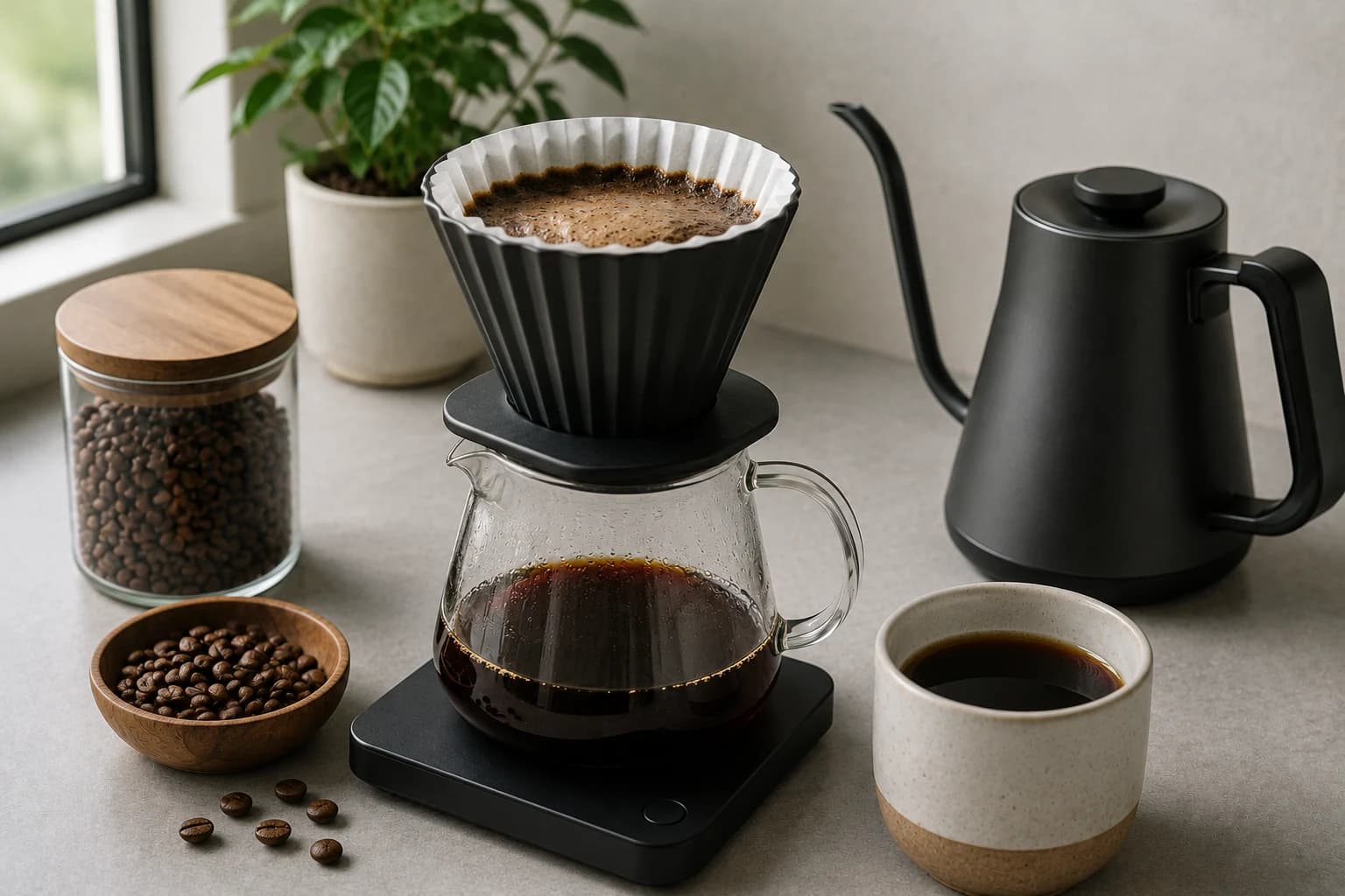 Fellow Stagg XF brewer with paper filter, kettle, coffee beans, and cup