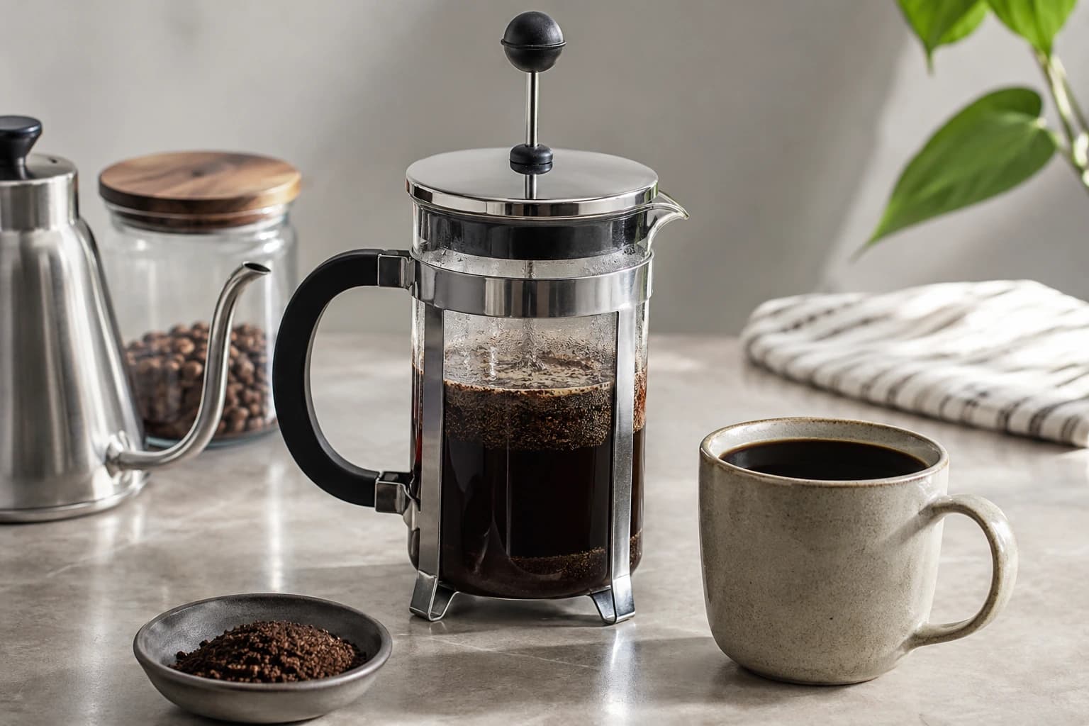 French press brewer beside freshly brewed coffee and whole coffee beans