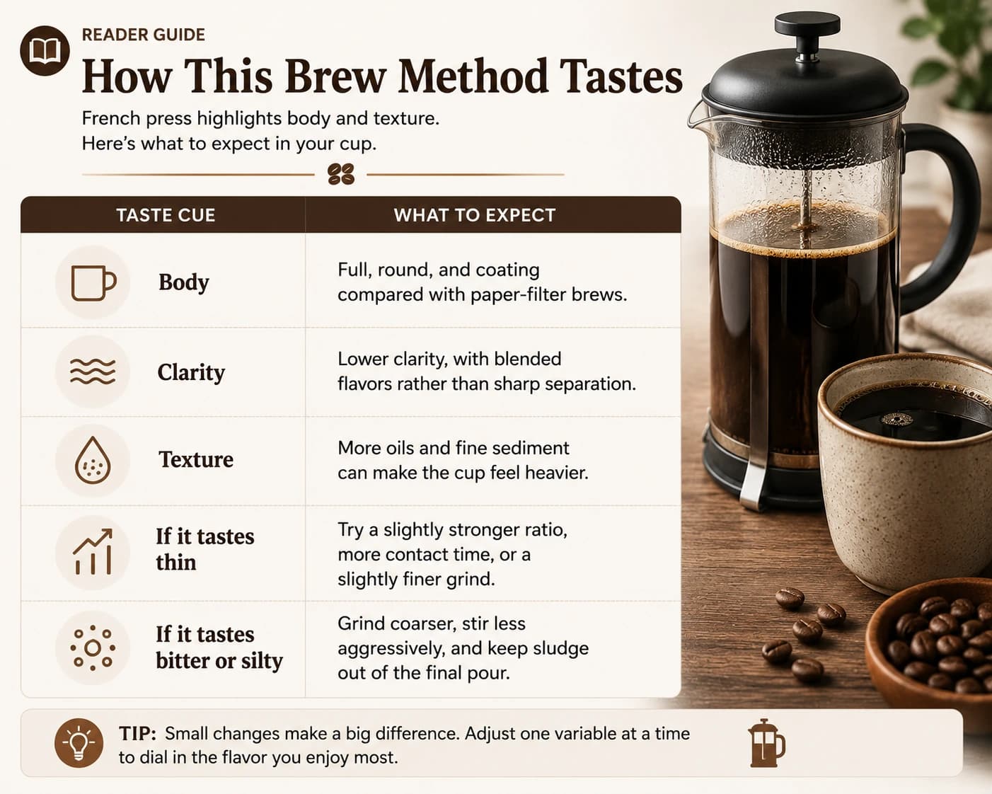 French press coffee taste guide for body clarity texture and common corrections