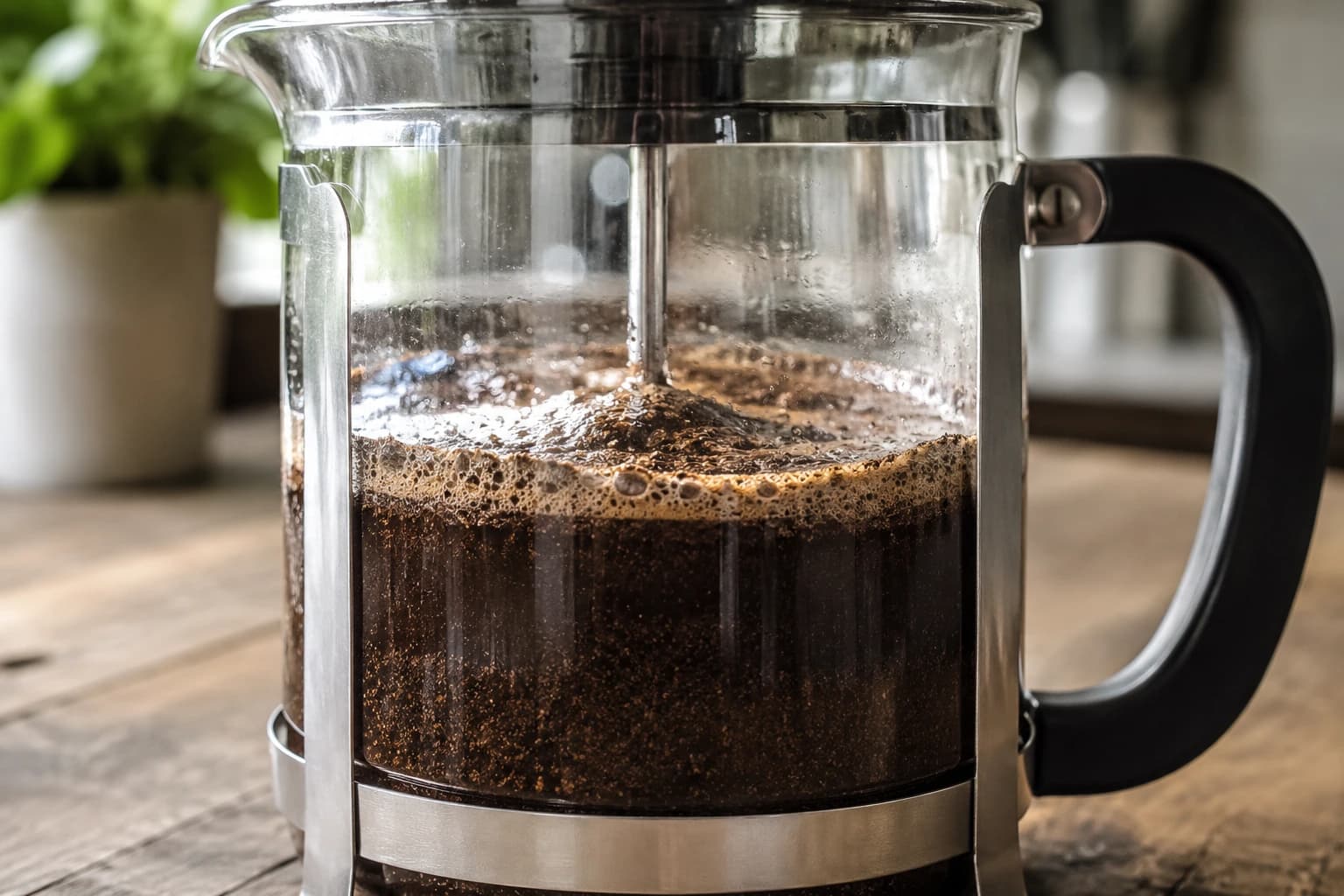 Coffee grounds steeping in a glass French press before plunging